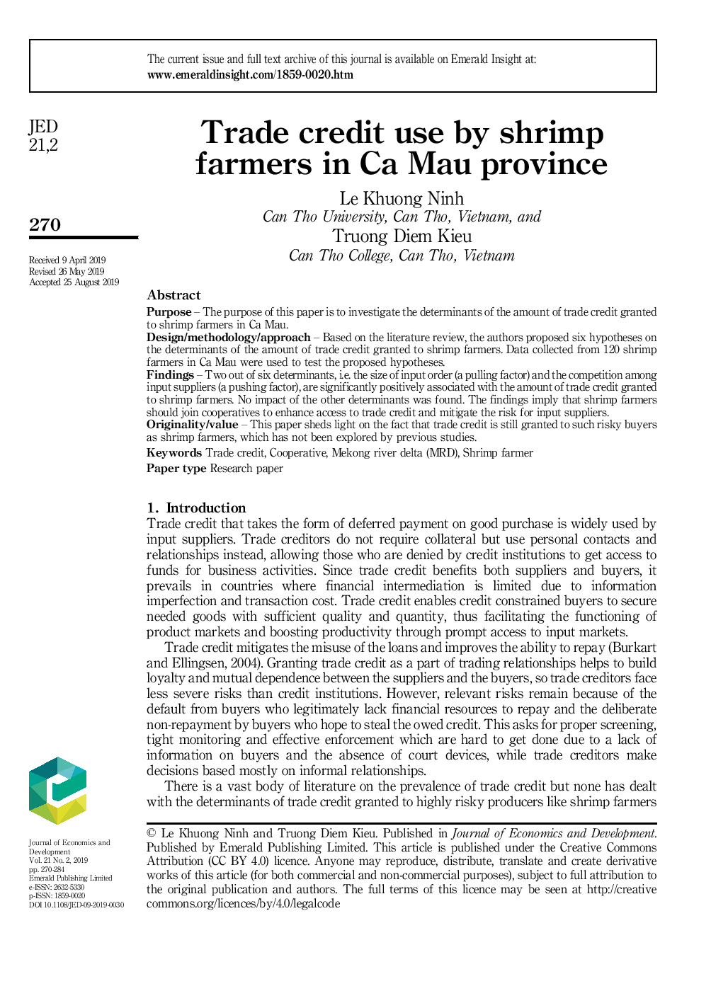 Trade credit use by shrimp farmers in Ca Mau province