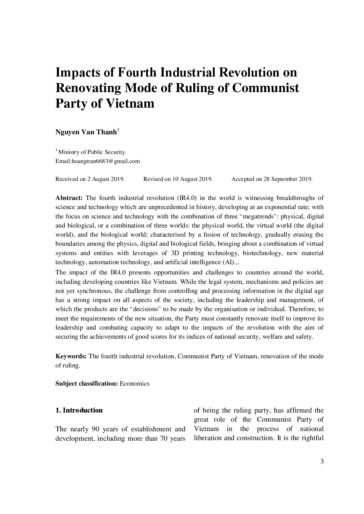 Impacts of Fourth Industrial Revolution on Renovating Mode of Ruling of Communist Party of Vietnam