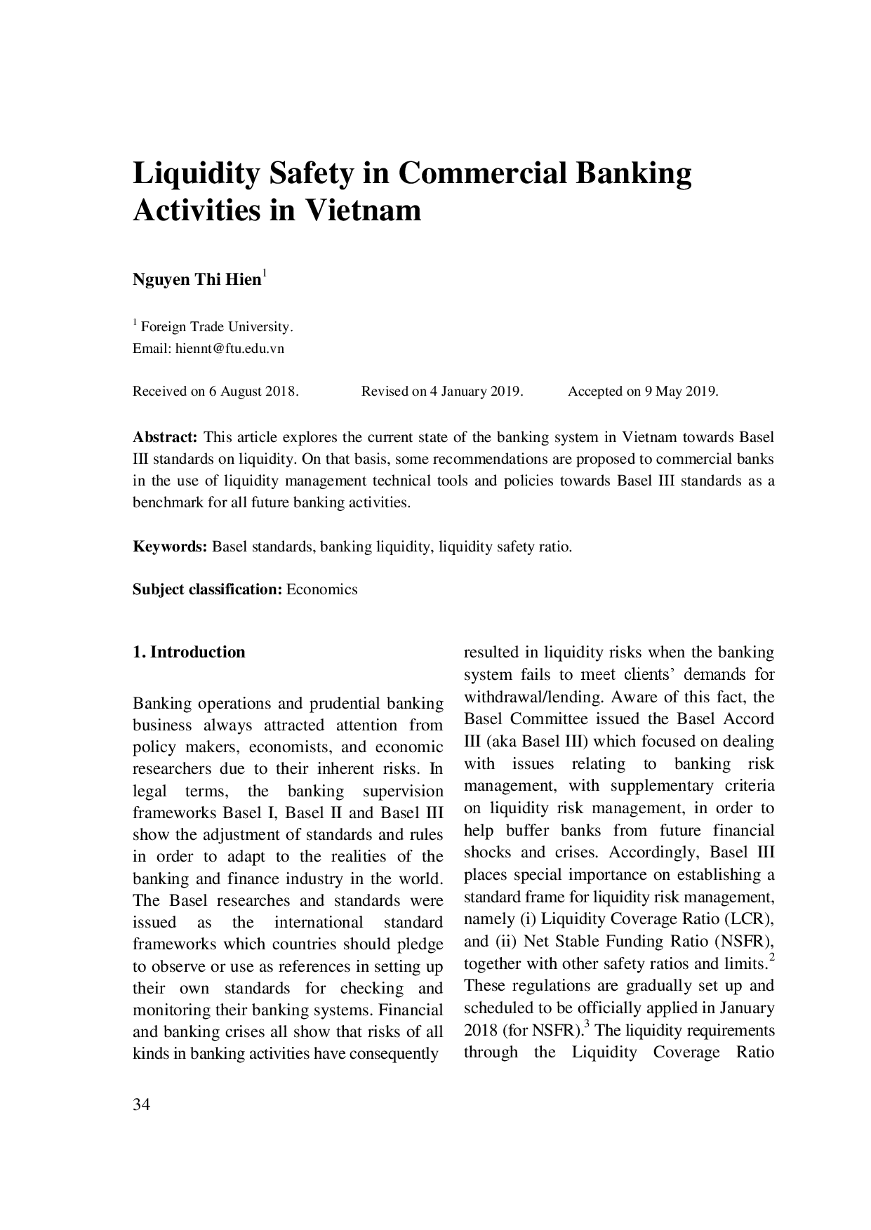 Liquidity Safety in Commercial Banking Activities in Vietnam