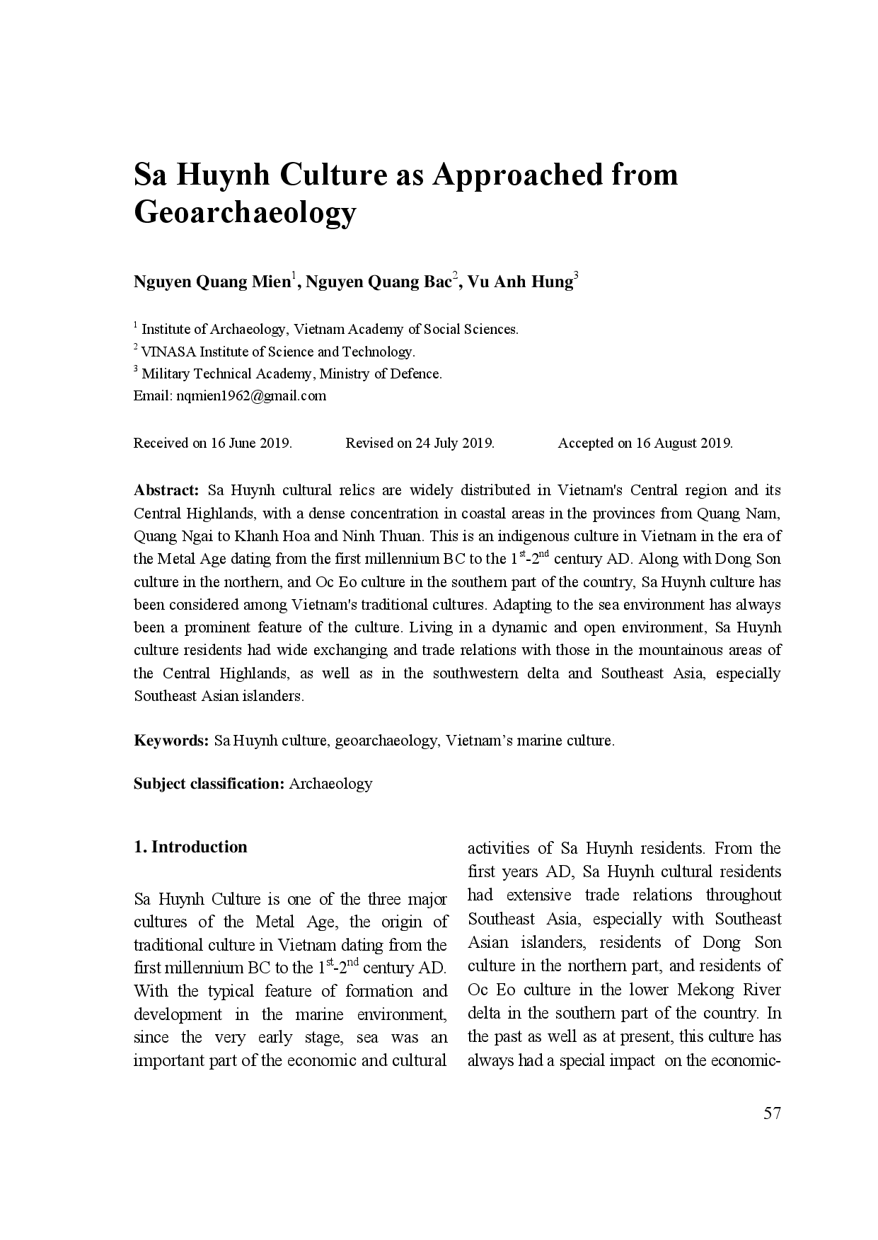 Sa Huynh Culture as Approached from Geoarchaeology