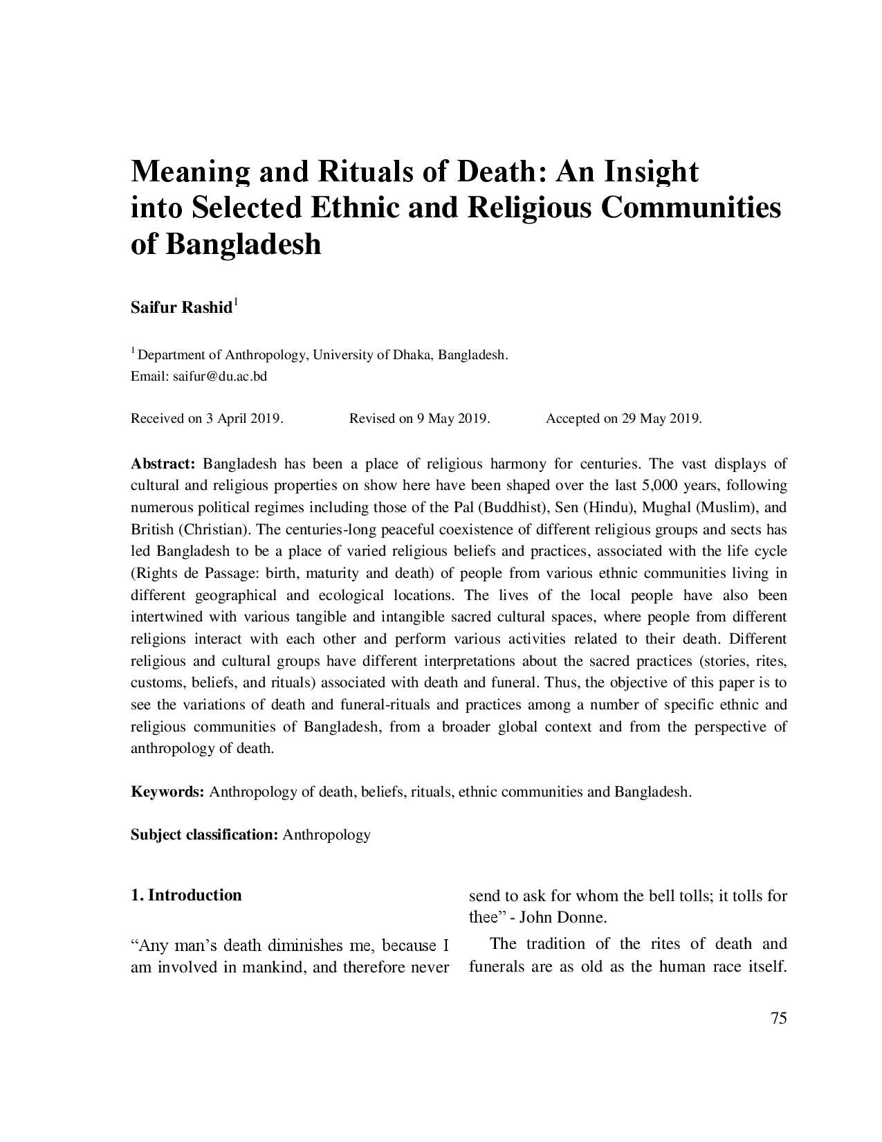 Meaning and Rituals of Death: An Insight into Selected Ethnic and Religious Communities of Bangladesh