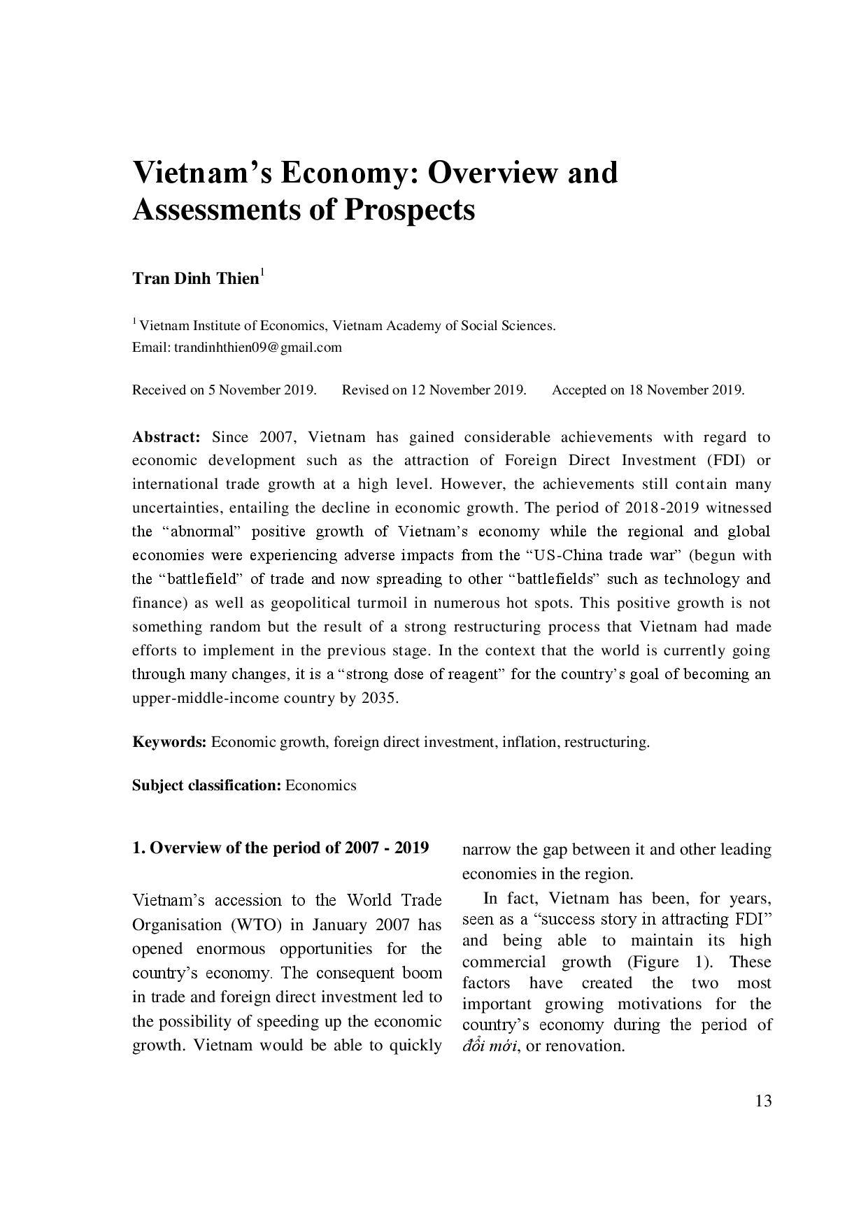 Vietnam’s Economy: Overview and Assessments of Prospects