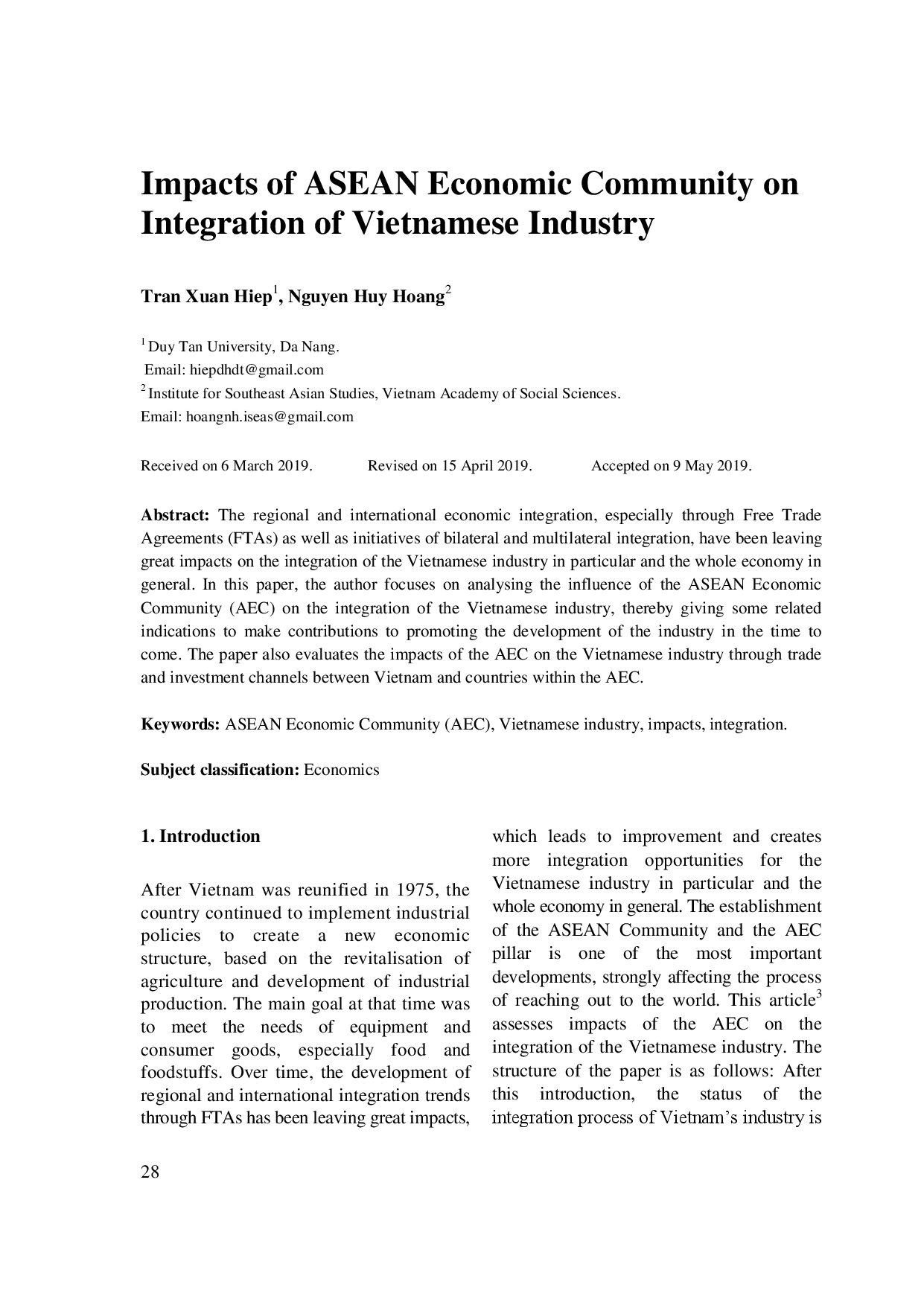 Impacts of ASEAN Economic Community on Integration of Vietnamese Industry