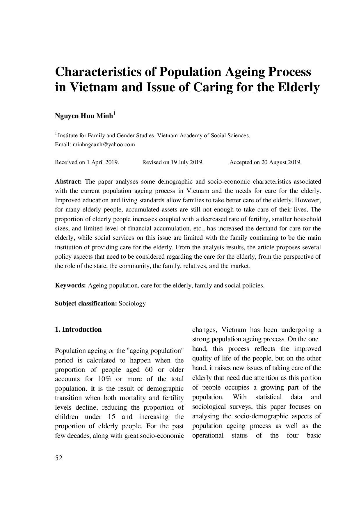 Characteristics of Population Ageing Process in Vietnam and Issue of Caring for the Elderly