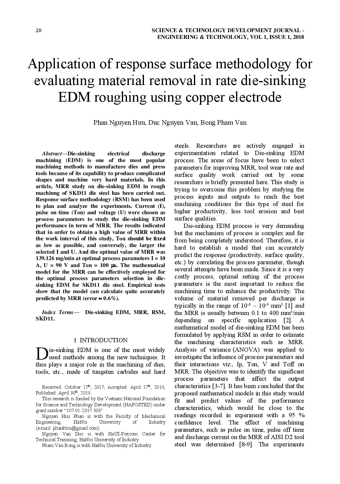 Application of response surface methodology for evaluating material removal in rate die-sinking EDM roughing using copper electrode