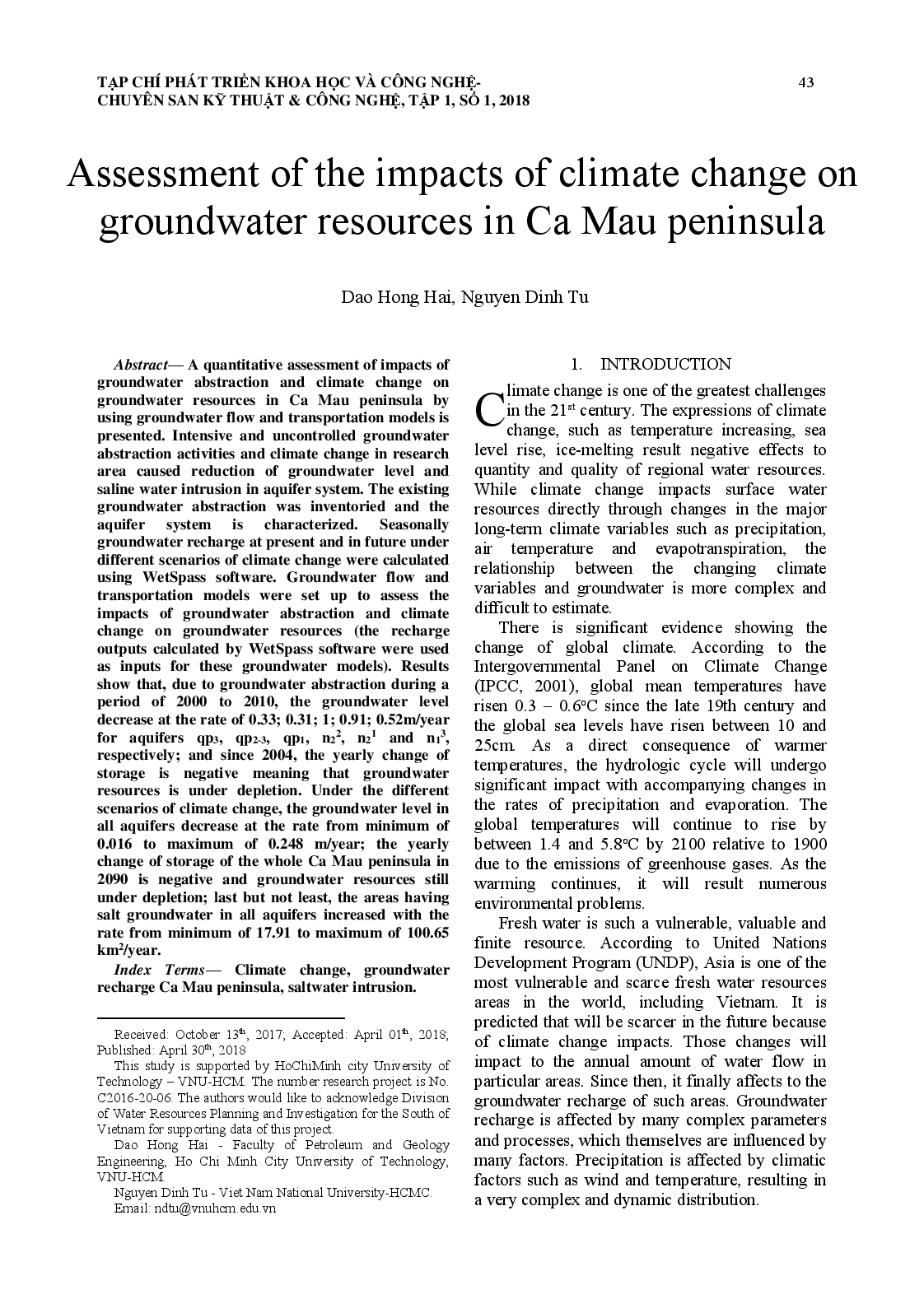 Assessment of the impacts of climate change on groundwater resources in Ca Mau peninsula