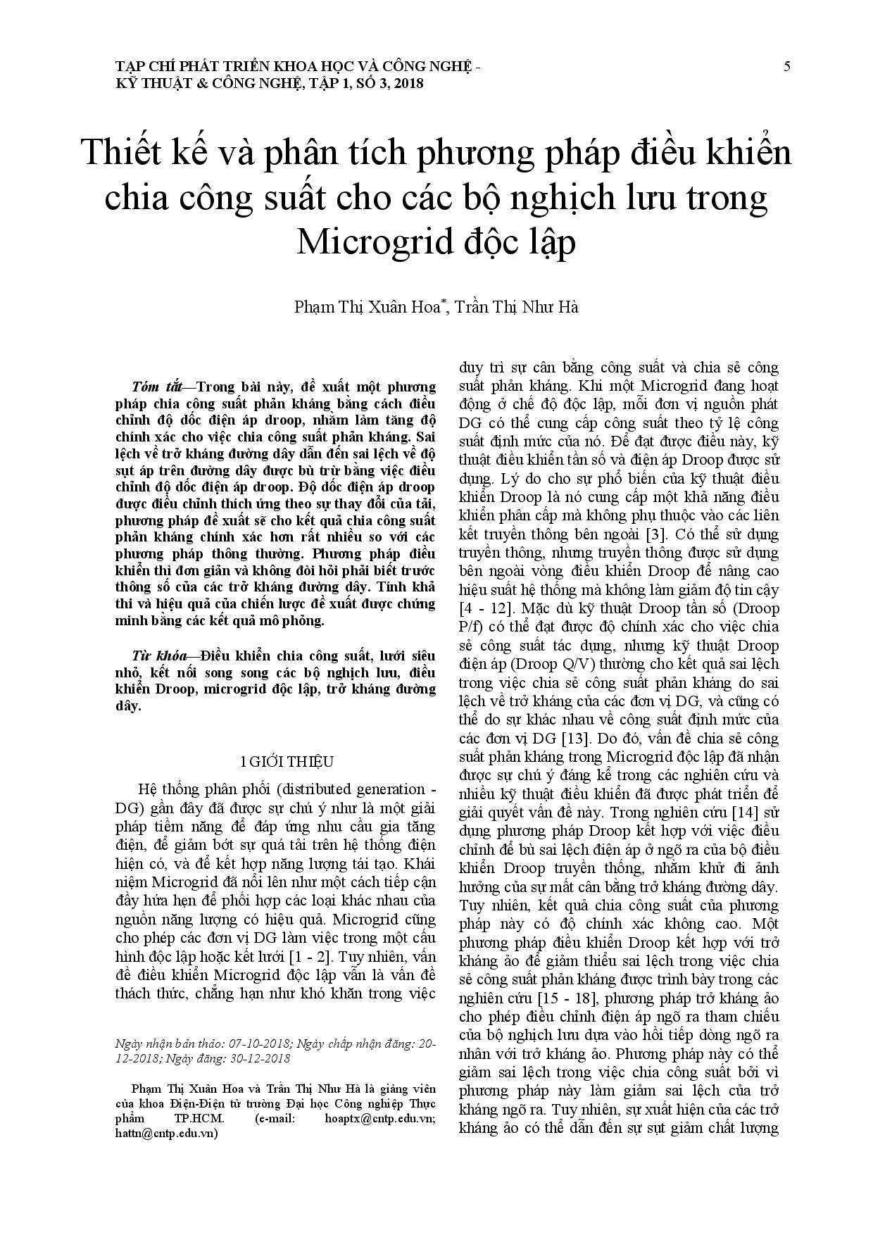 Thiết kế và phân tích phương pháp điều khiển chia công suất cho các bộ nghịch lưu trong Microgrid độc lập