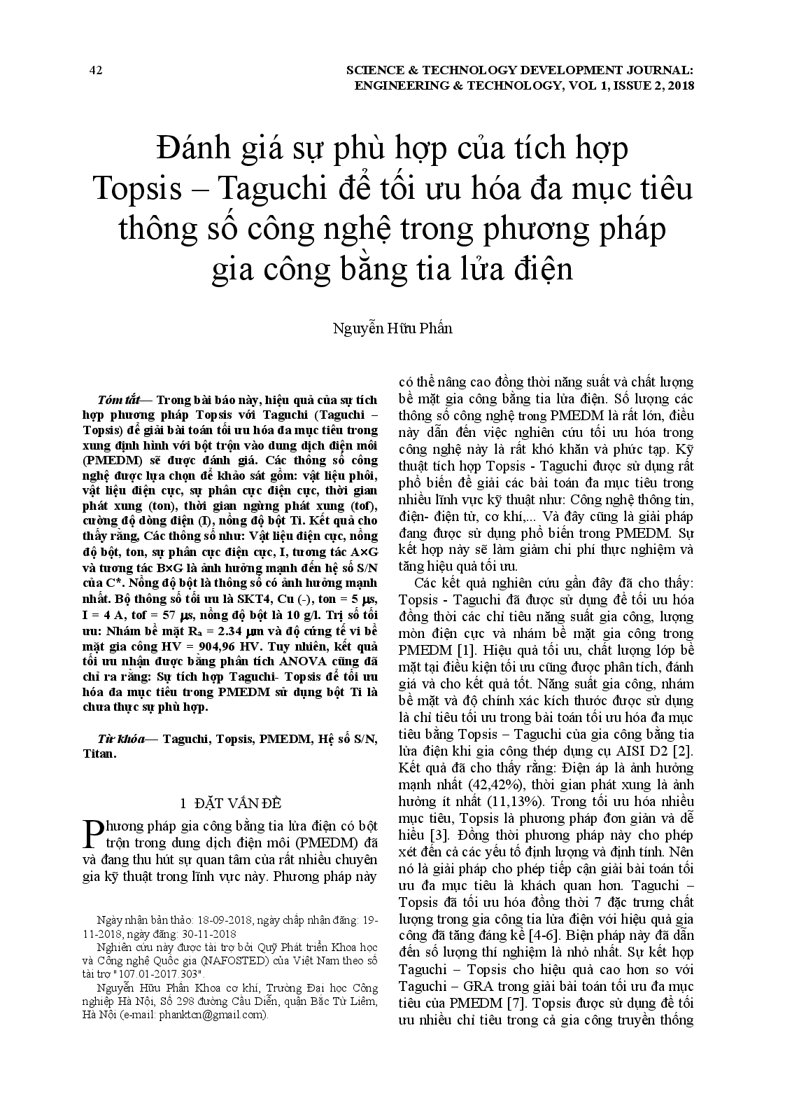 Đánh giá sự phù hợp của tích hợp Topsis - Taguchi để tối ưu hóa đa mục tiêu thông số công nghệ trong phương pháp gia công bằng tia lửa điện