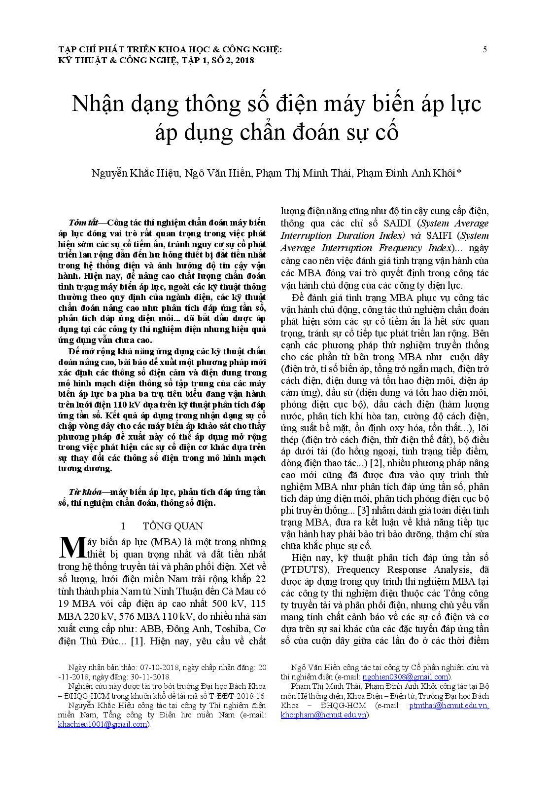 Nhận dạng thông số điện máy biến áp lực áp dụng chẩn đoán sự cố