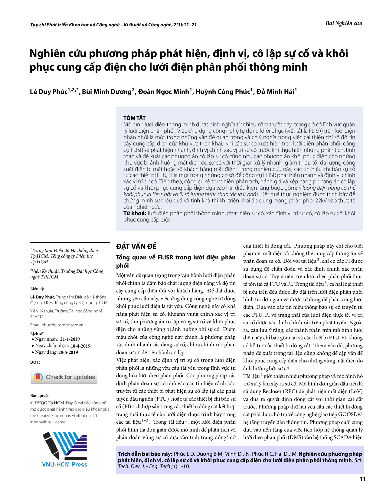 Nghiên cứu phương pháp phát hiện, định vị, cô lập sự cố và khôi phục cung cấp điện cho lưới điện phân phối thông minh