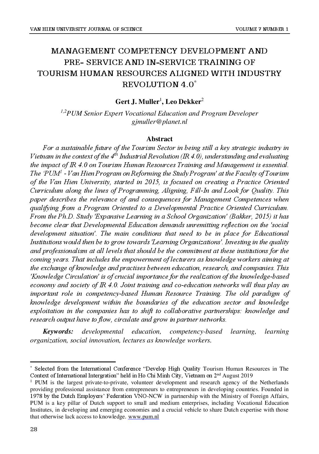 Management competency development and pre-service and in-service training of tourism human resources aligned with industry revolution 4.0