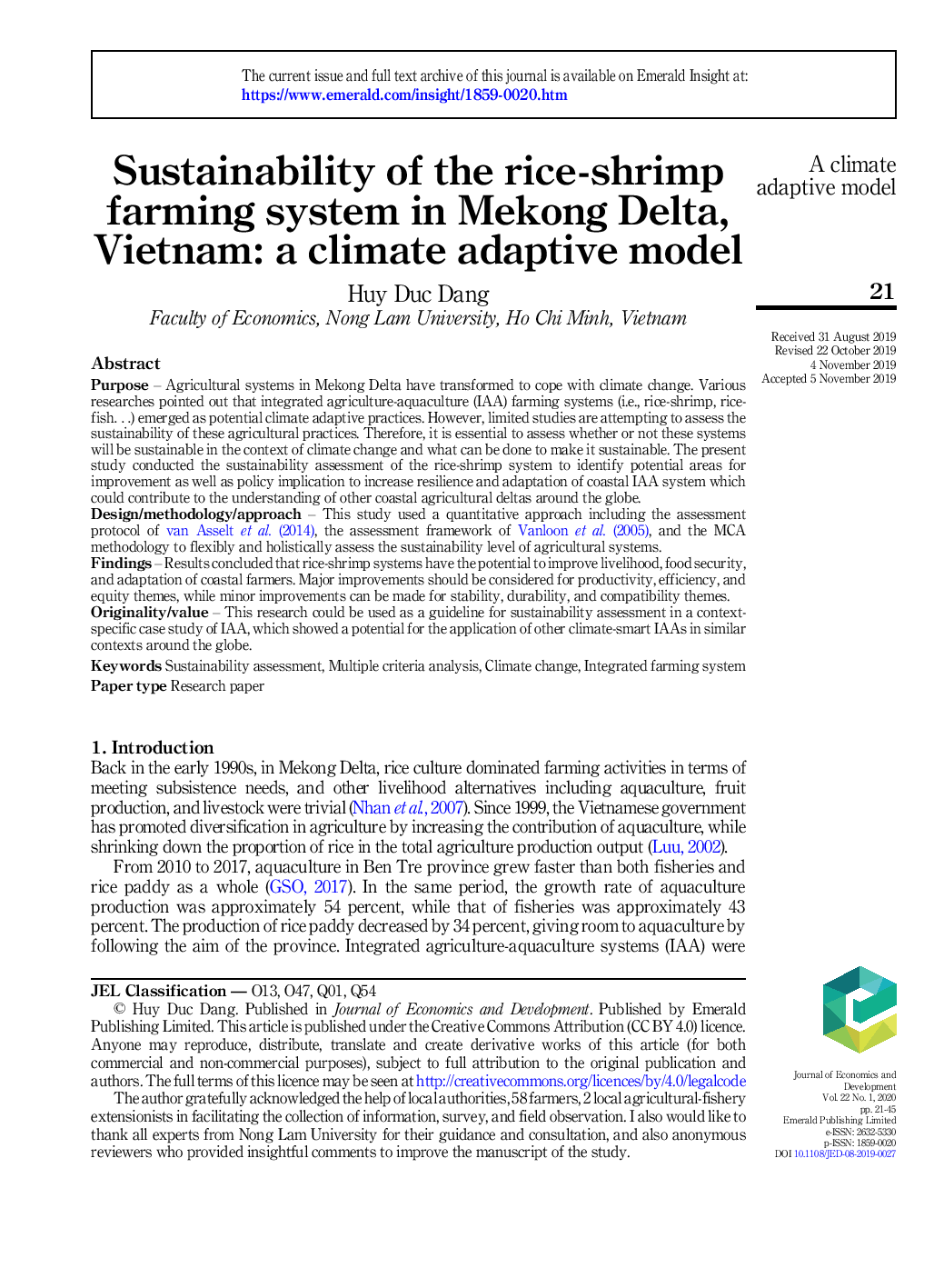 Sustainability of the rice-shrimp farming system in Mekong Delta, Vietnam: a climate adaptive model