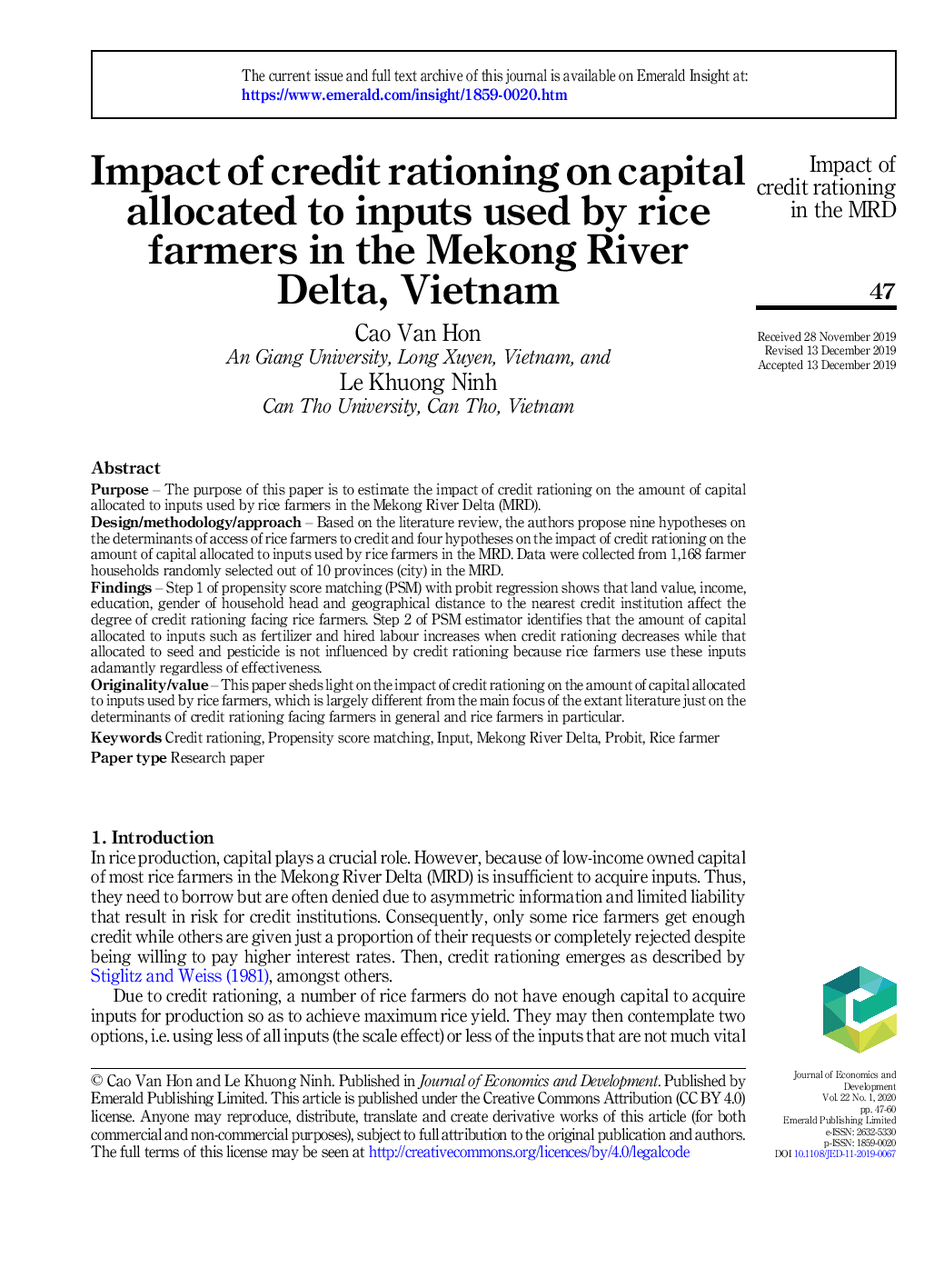 Impact of credit rationing on capital allocated to inputs used by rice farmers in the Mekong River Delta, Vietnam