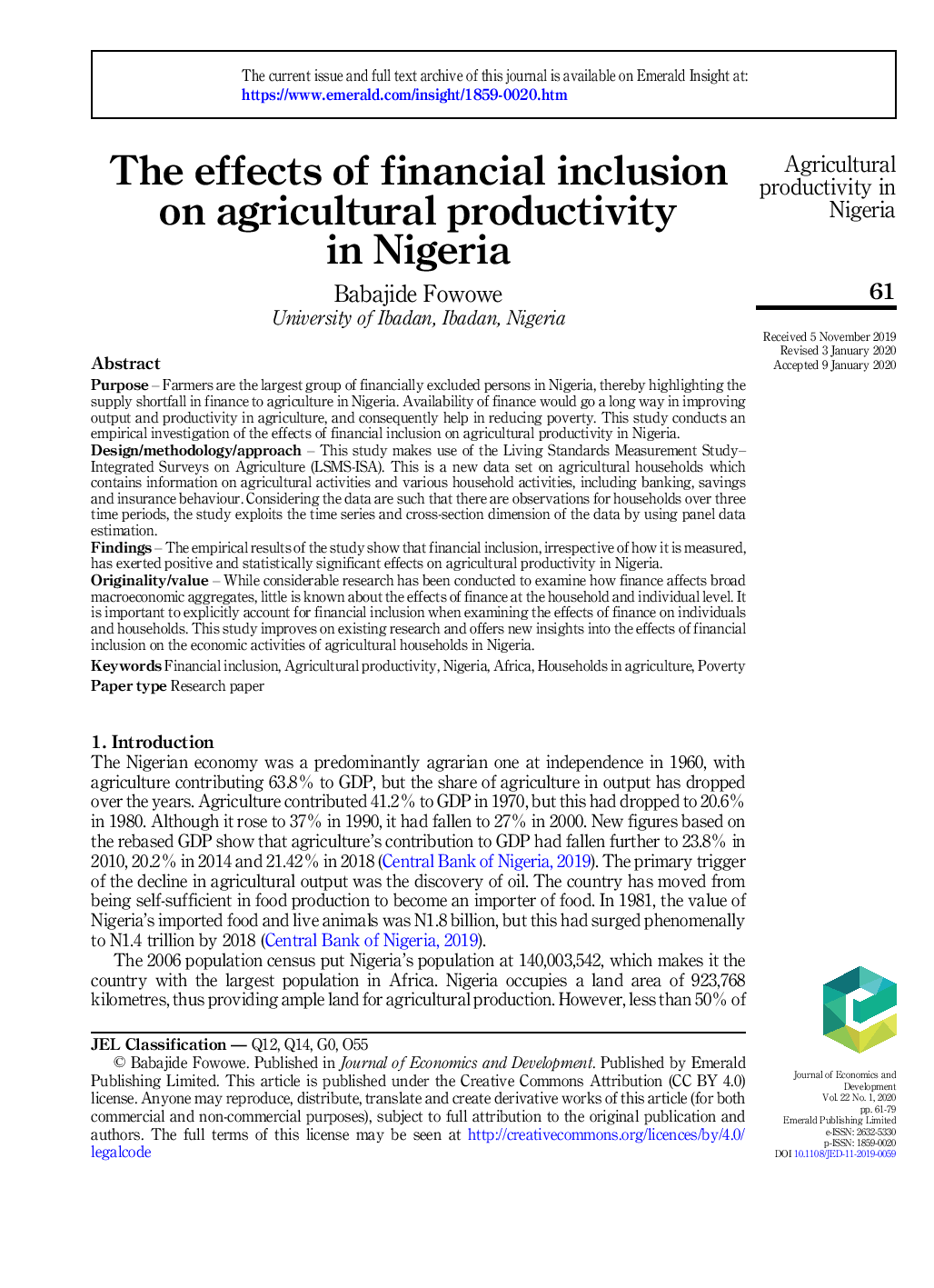 The effects of financial inclusion on agricultural productivity in Nigeria