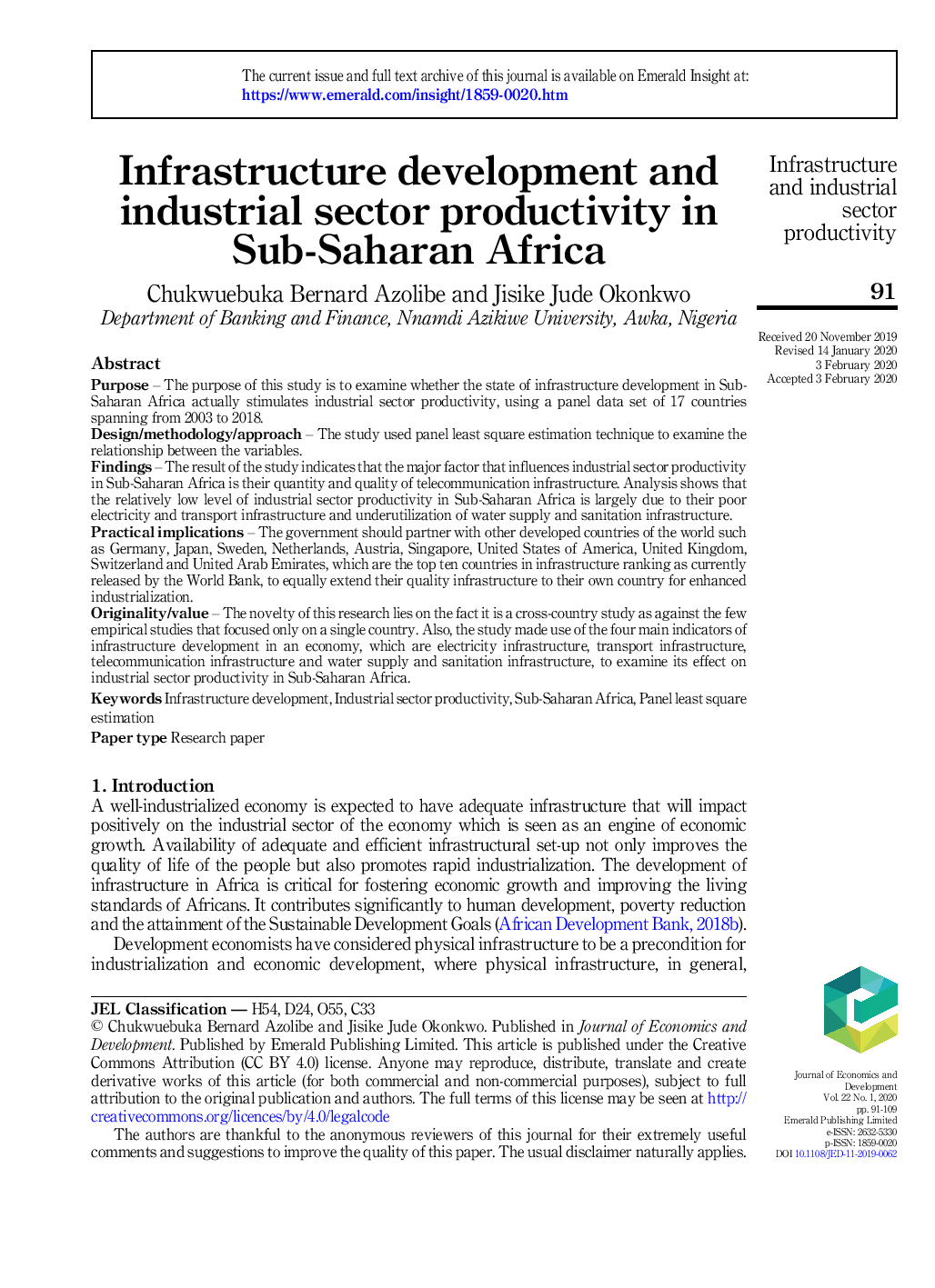 Infrastructure development and industrial sector productivity in Sub-Saharan Africa