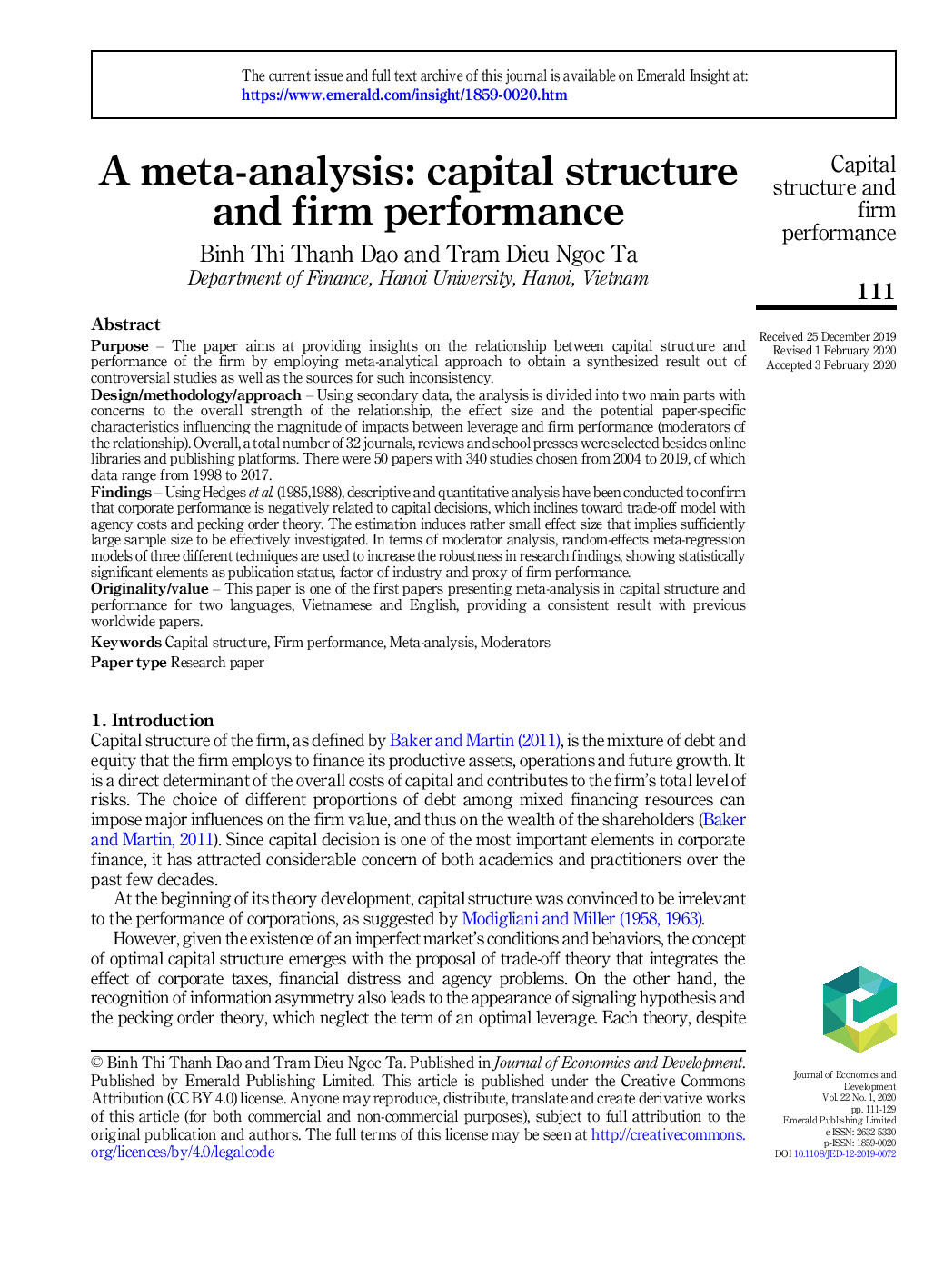 A meta-analysis: capital structure and firm performance