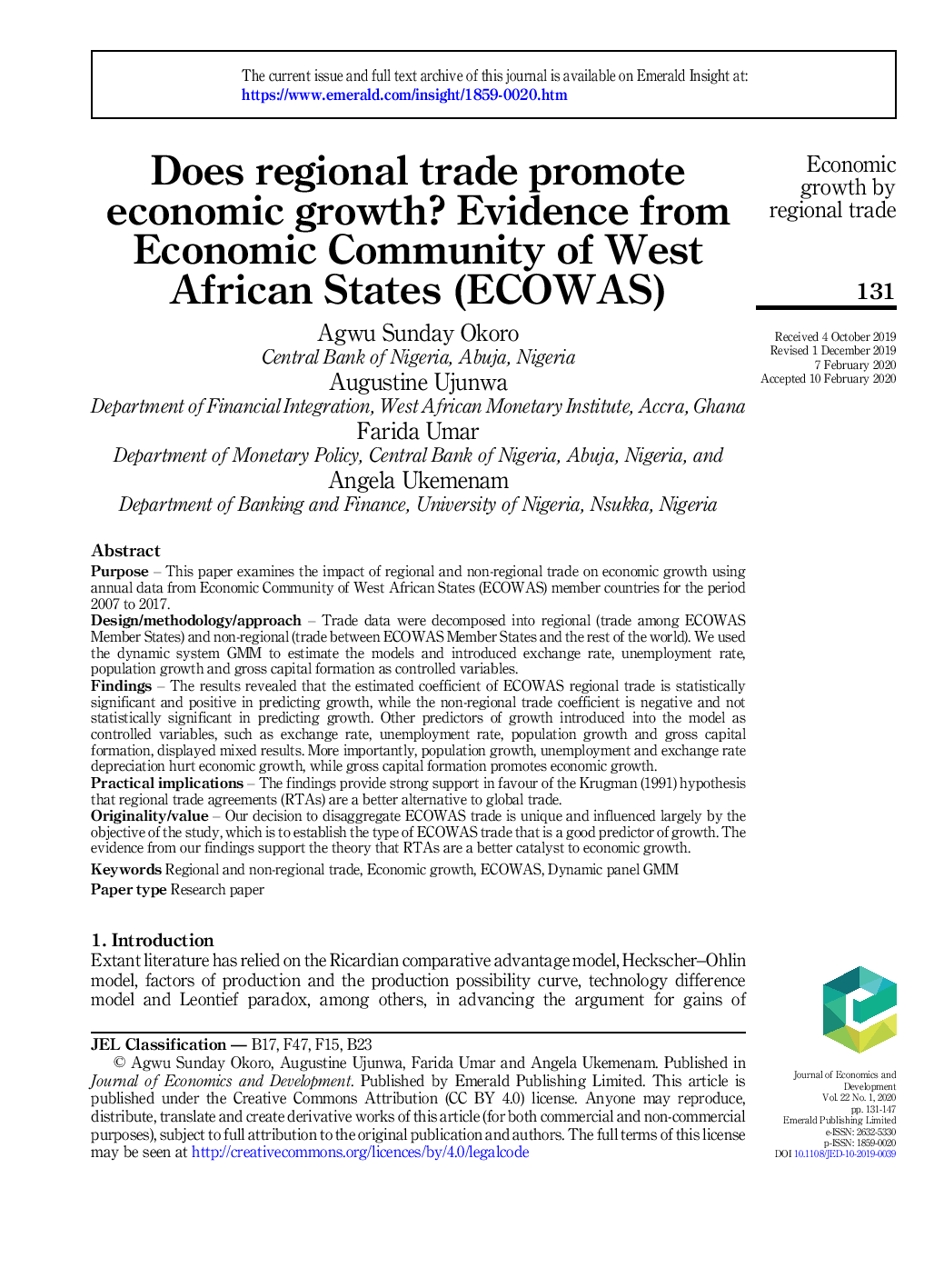 Does regional trade promote economic growth? Evidence from Economic Community of West African States (ECOWAS)