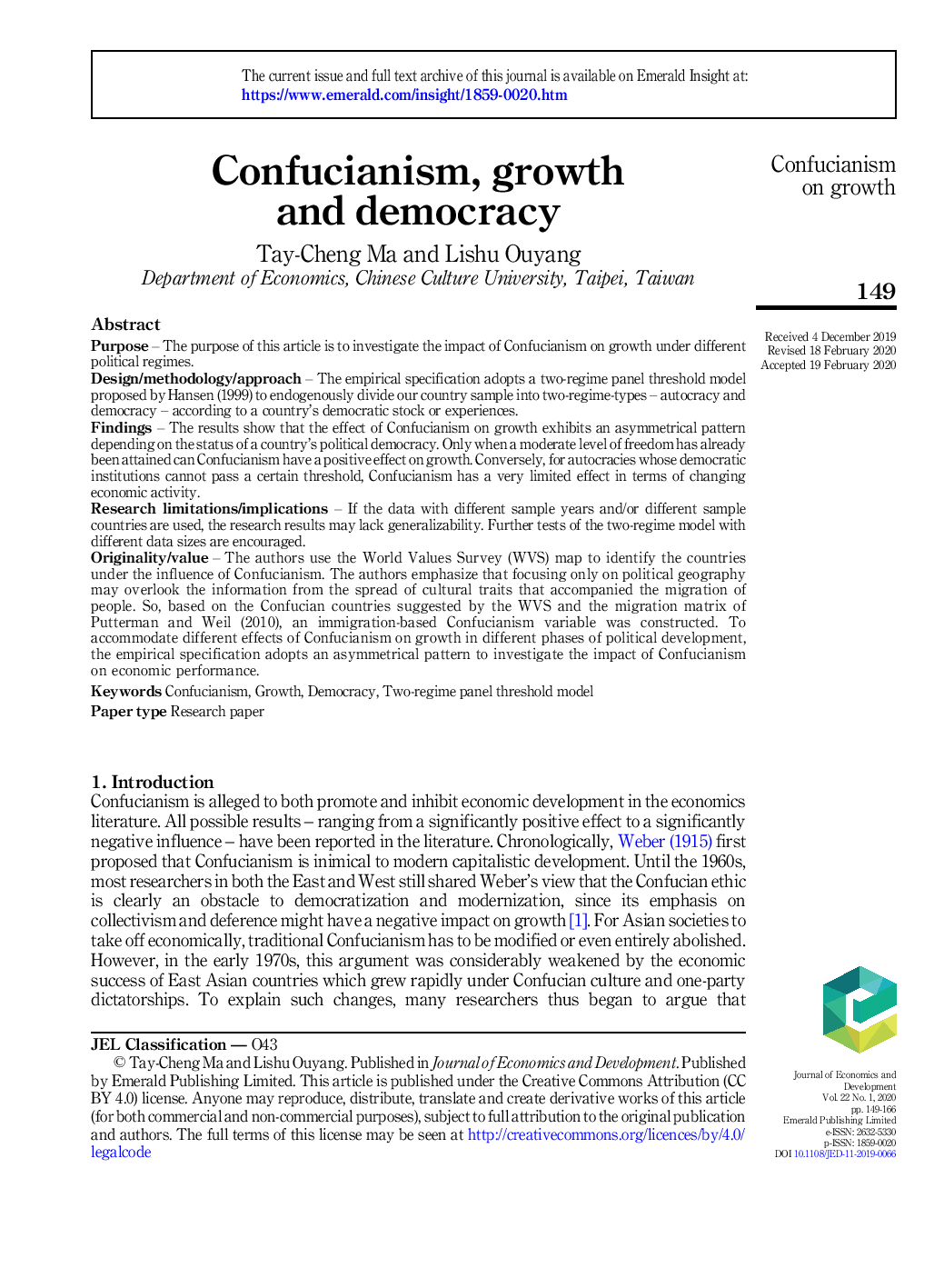 Confucianism, growth and democracy