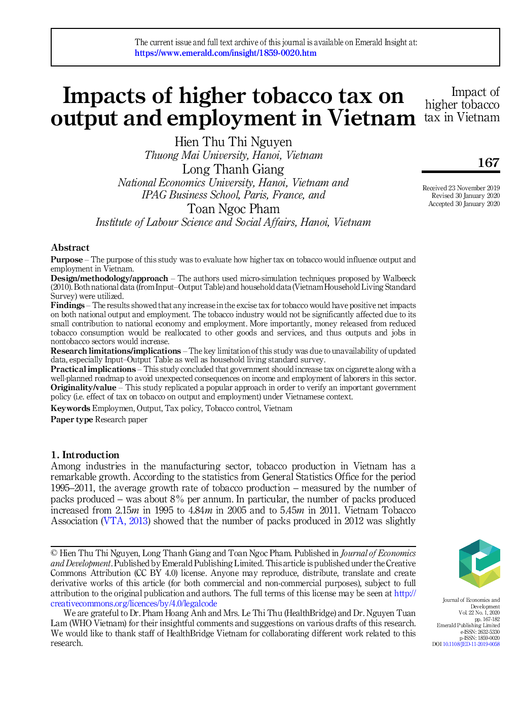 Impacts of higher tobacco tax on output and employment in Vietnam