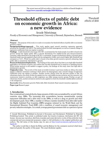 Threshold effects of public debt on economic growth in Africa: a new evidence ;$bArcade Ndoricimpa