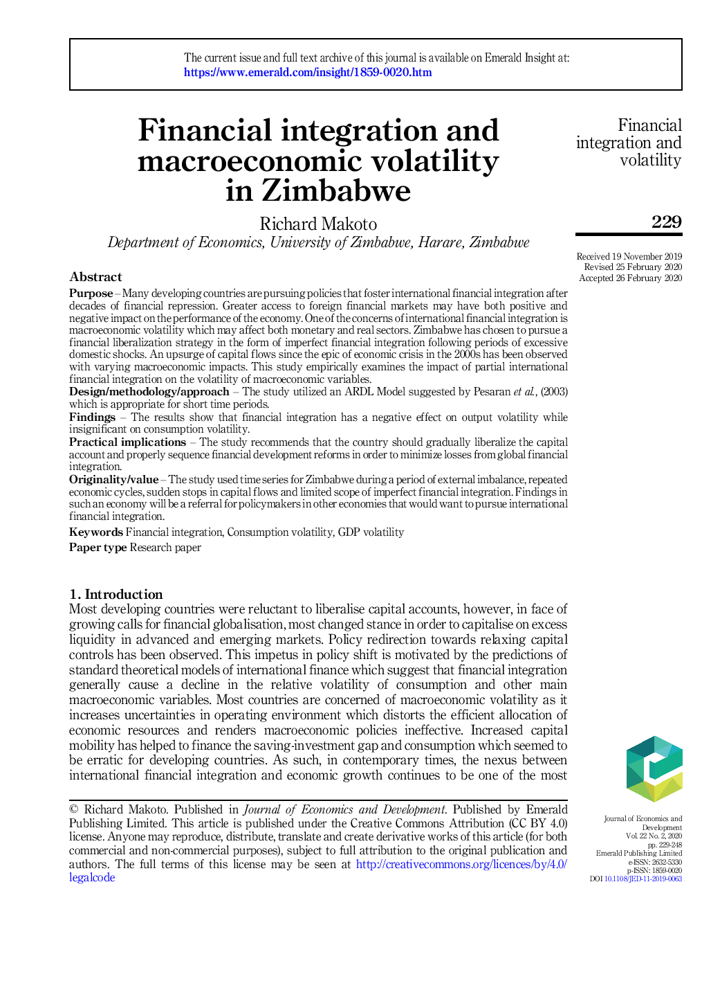 Financial integration and macroeconomic volatility in Zimbabwe ;$bRichard Makoto