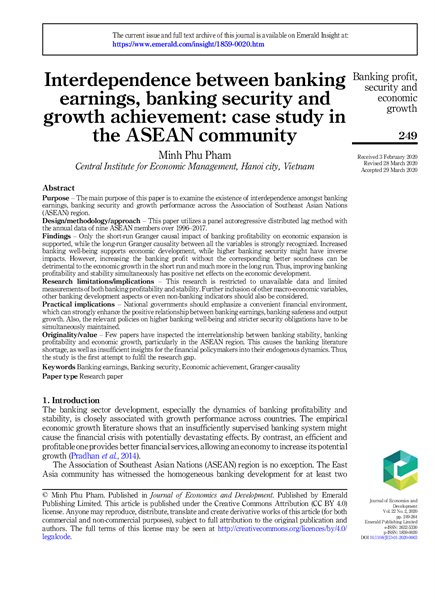 Interdependence between banking earnings, banking security and growth achievement: case study in the ASEAN community ;$bMinh Phu Pham