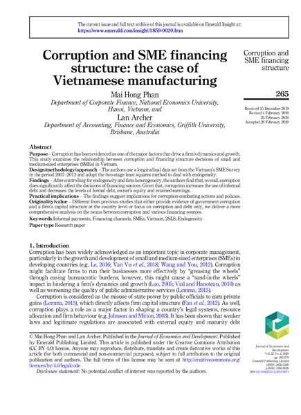 Corruption and SME financing structure: the case of Vietnamese manufacturing ;$bMai Hong Phan, Lan Archer