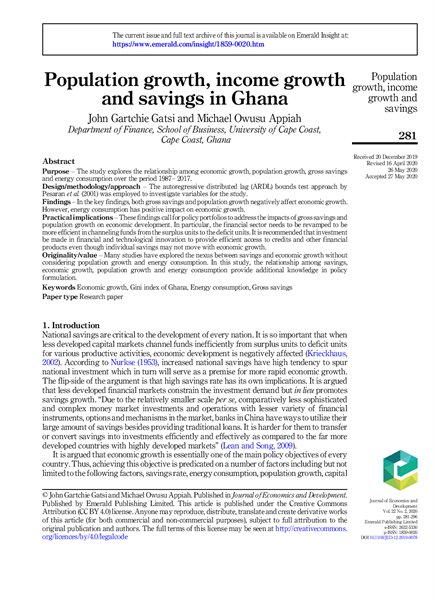 Population growth, income growth and savings in Ghana ;$bJohn Gartchie Gatsi and Michael Owusu Appiah