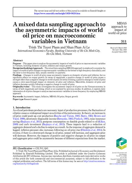 A mixed data sampling approach to the asymmetric impacts of world oil price on macroeconomic variables in Vietnam ;$bTrinh Thi Tuyet Pham and Nhan Phan Ai Le