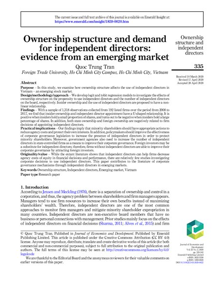 Ownership structure and demand for independent directors: evidence from an emerging market ;$bQuoc Trung Tran