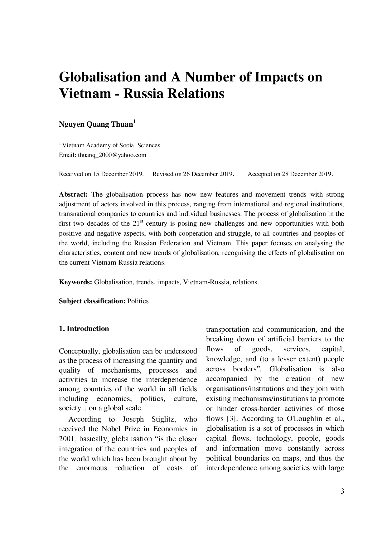 Globalisation and A Number of Impacts on Vietnam - Russia Relations