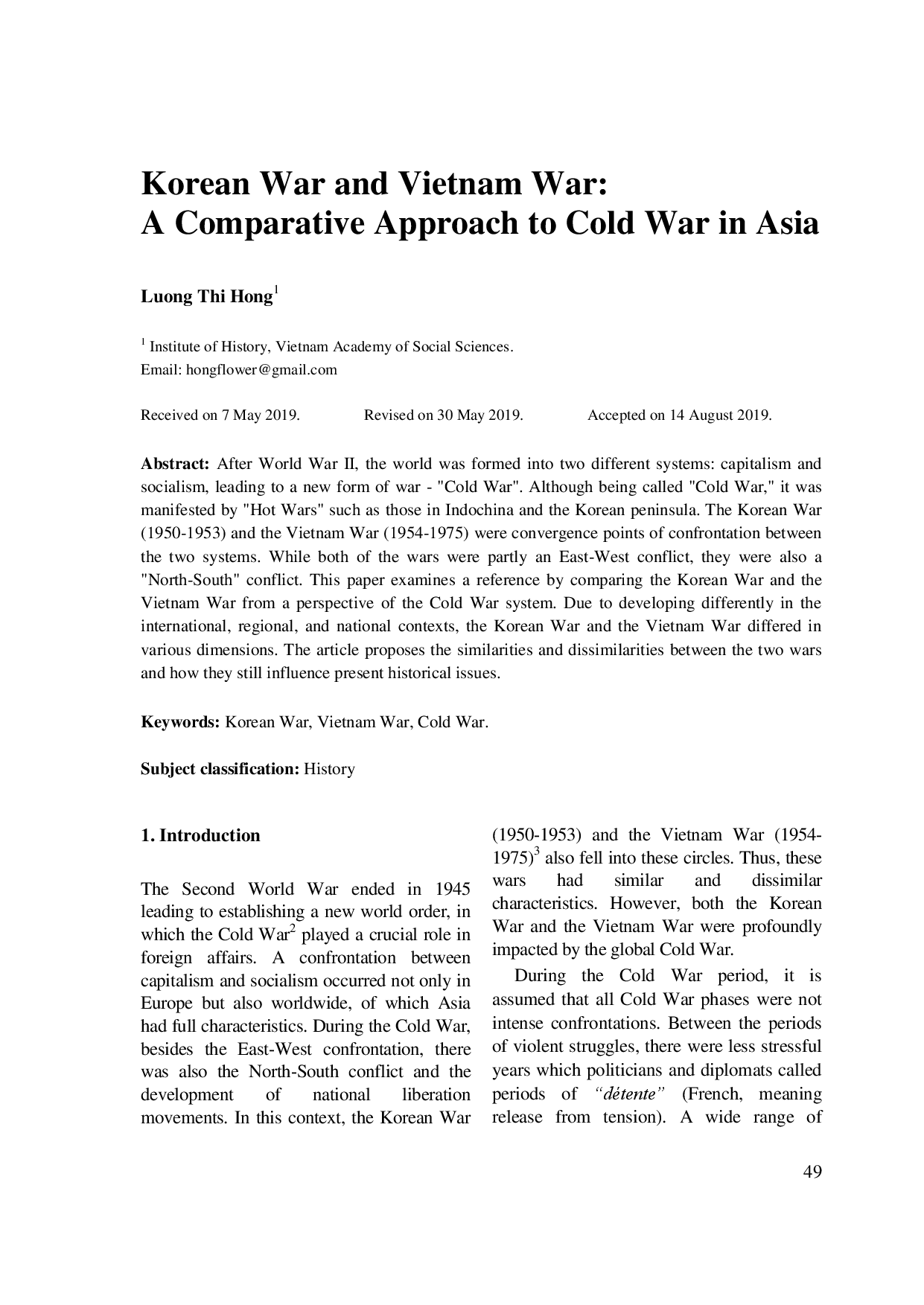 Korean War and Vietnam War: A Comparative Approach to Cold War in Asia