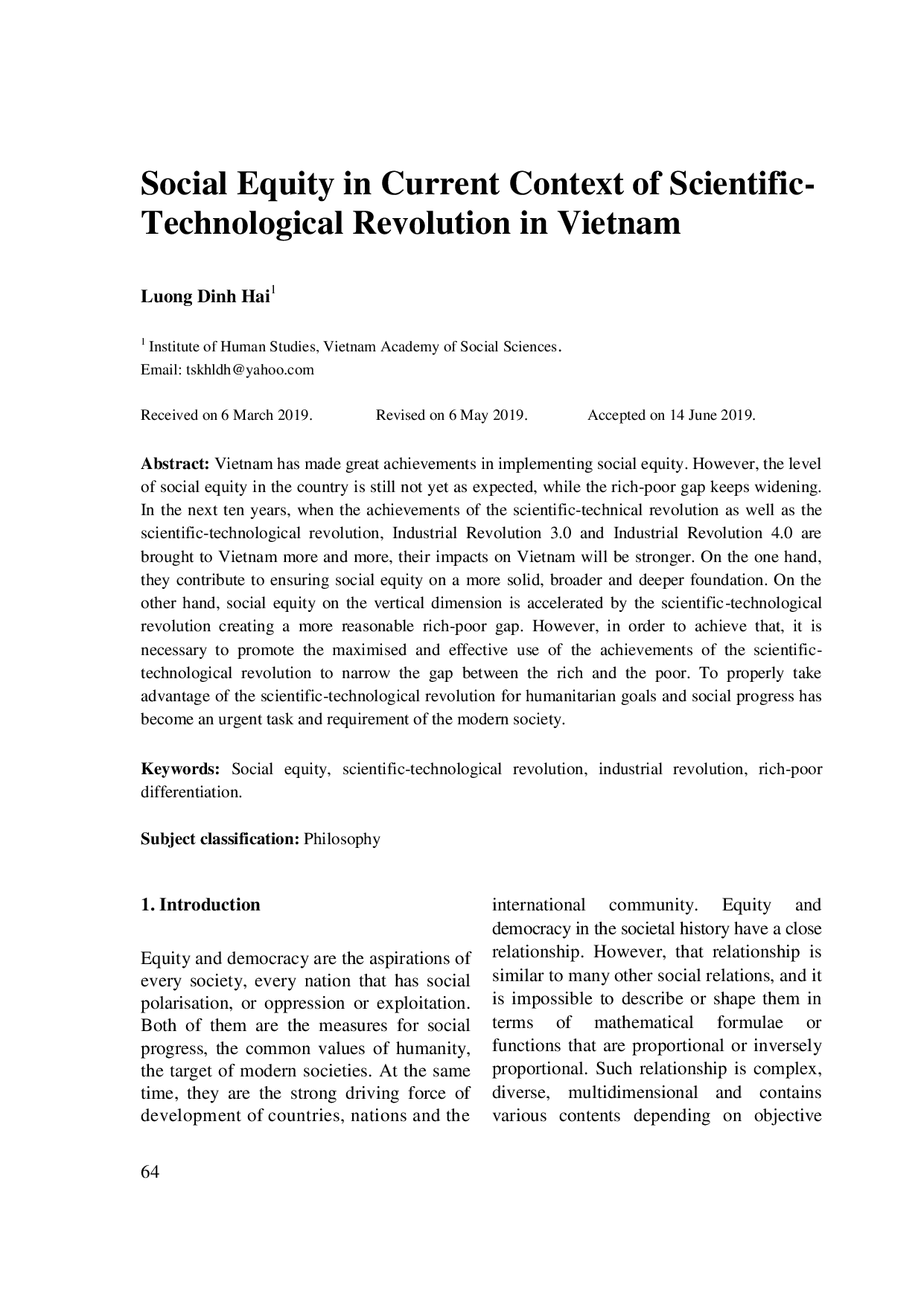 Social Equity in Current Context of Scientific-Technological Revolution in Vietnam