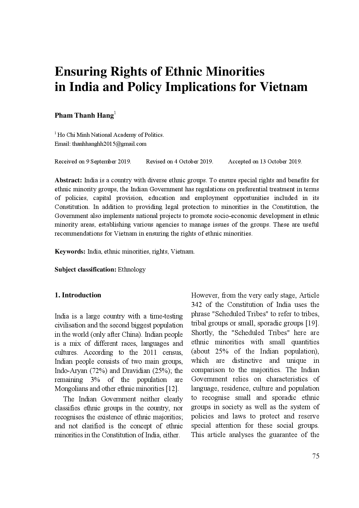 Ensuring Rights of Ethnic Minorities in India and Policy Implications for Vietnam