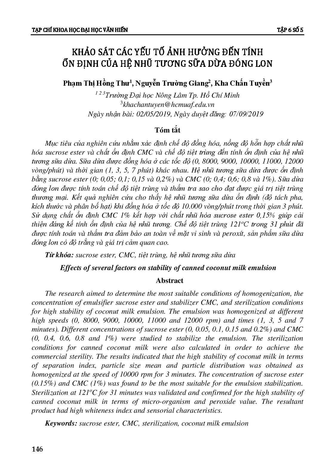 Khảo sát yếu tố ảnh hưởng đến tính ổn định của hệ nhũ tương sữa dừa đóng lon