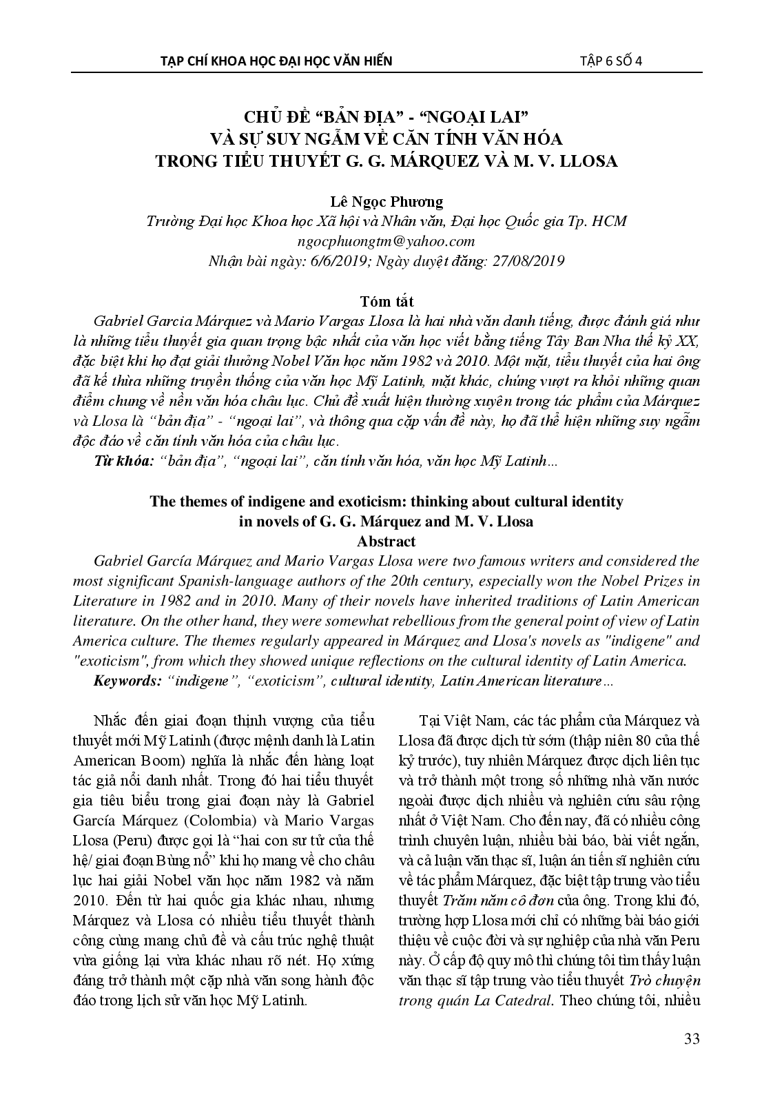 Chủ đề “bản địa” - “ngoại lai” và sự suy ngẫm về căn tính văn hóa trong tiểu thuyết G.G.Márquez và M.V.Llosa