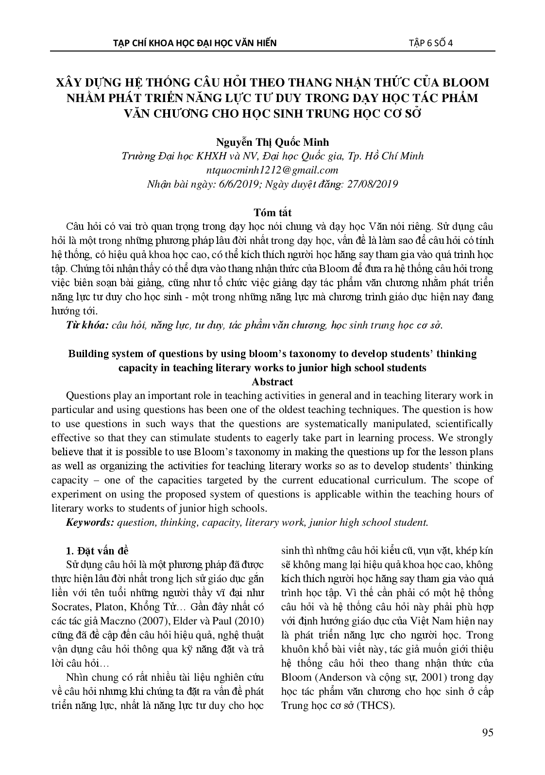 Xây dựng hệ thống câu hỏi theo thang nhận thức của Bloom nhằm phát triển năng lực tư duy trong dạy học tác phẩm văn chương cho học sinh trung học cơ sở