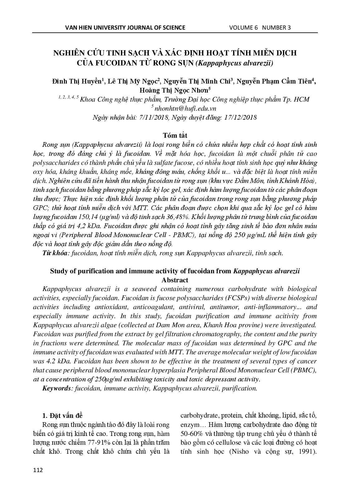 NGHIÊN CỨU TINH SẠCH VÀ XÁC ĐỊNH HOẠT TÍNH MIỄN DỊCH CỦA FUCOIDAN TỪ RONG SỤN (Kappaphycus alvarezii)