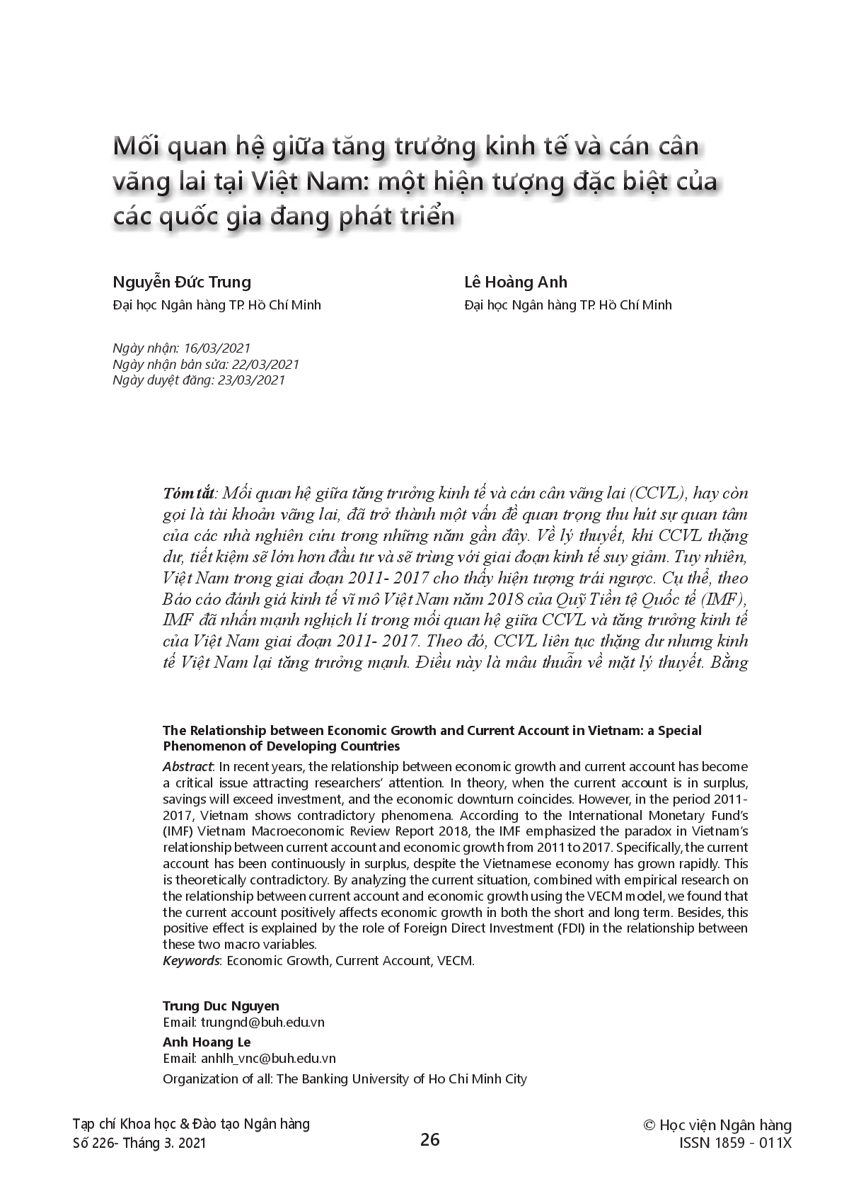 Mối quan hệ giữa tăng trưởng kinh tế và cán cân vãng lai tại Việt Nam: một hiện tượng đặc biệt của các quốc gia đang phát triển