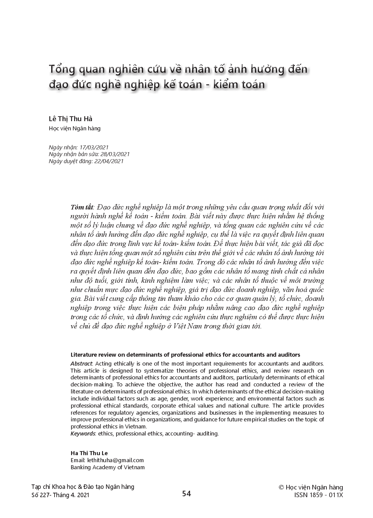 Tổng quan nghiên cứu về nhân tố ảnh hưởng đến đạo đức nghề nghiệp kế toán - kiểm toán