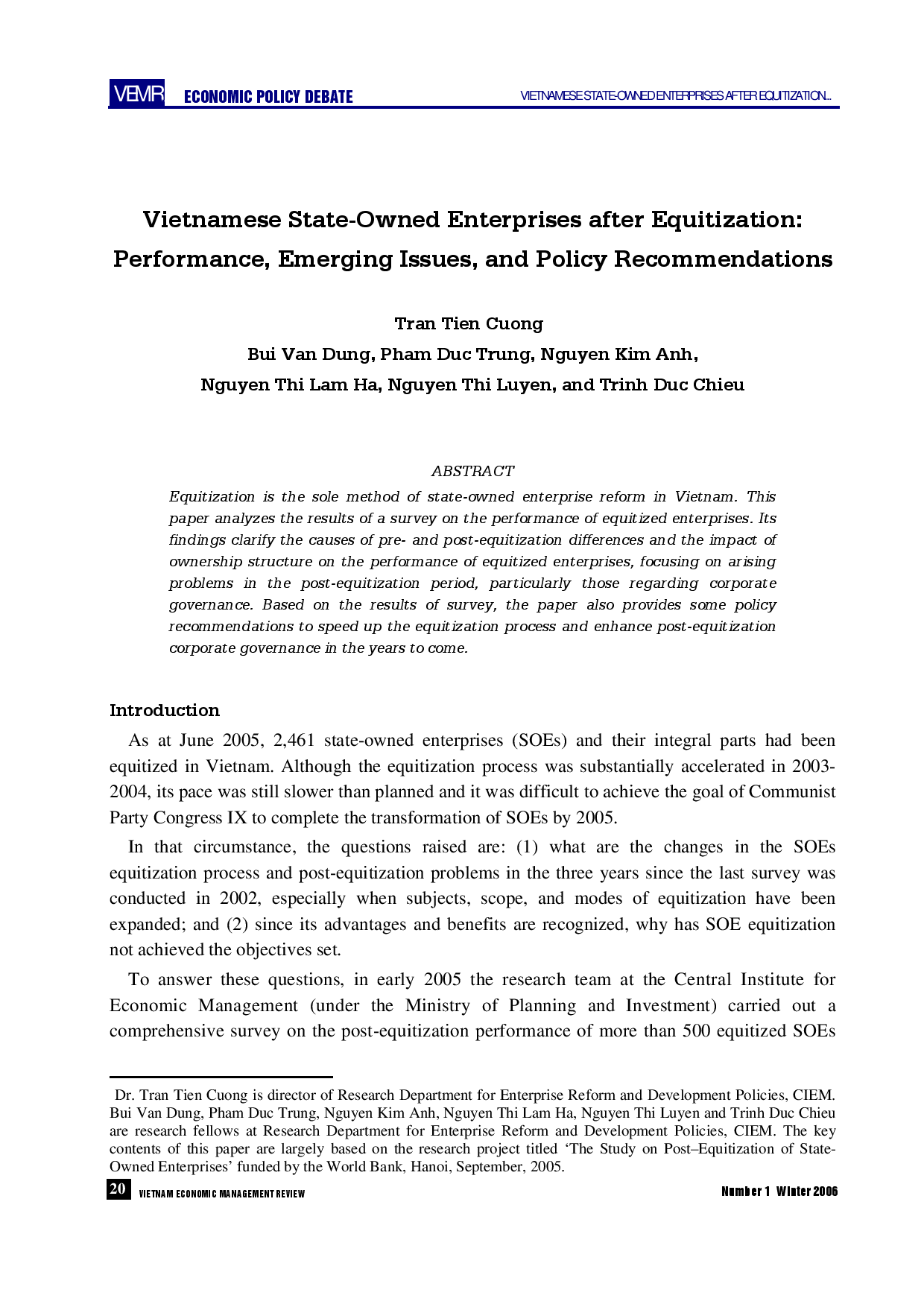 Vietnamese State-Owned Enterprises after Equitization: Performance, Emerging Issues, and Policy Recommendations