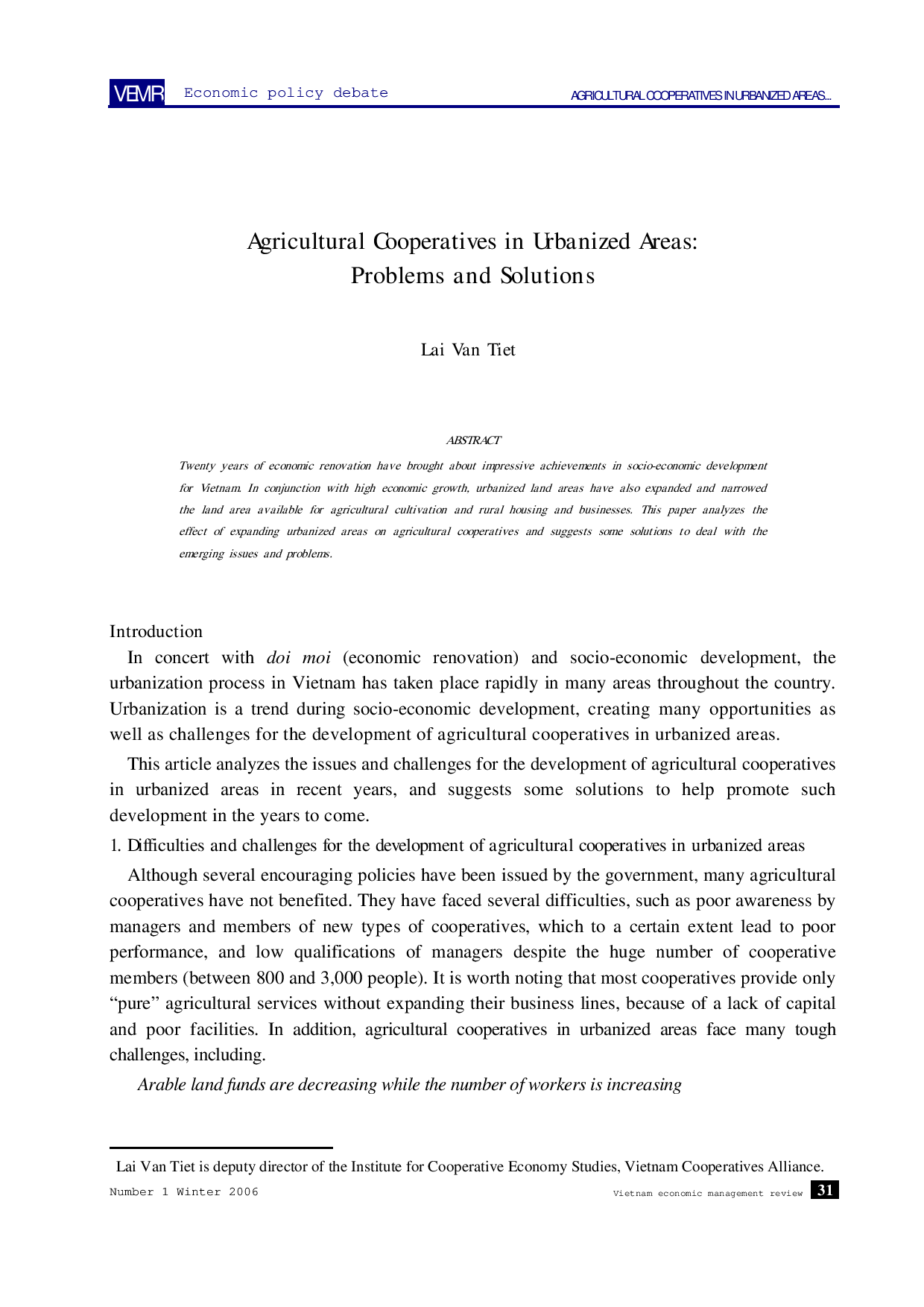 Agricultural Cooperatives in Urbanized Areas: Problems and Solutions