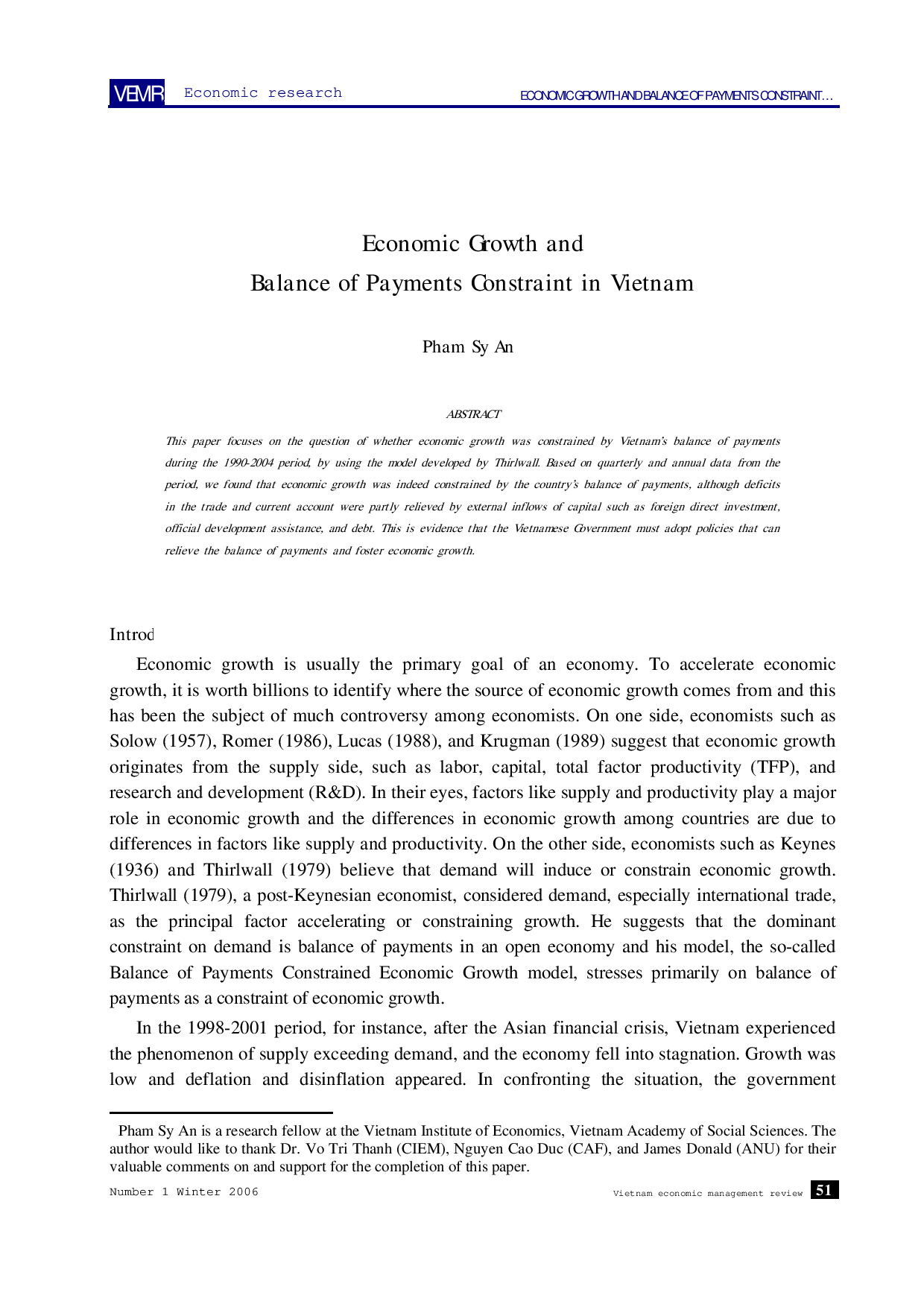 Economic Growth and Balance of Payments Constraint in Vietnam