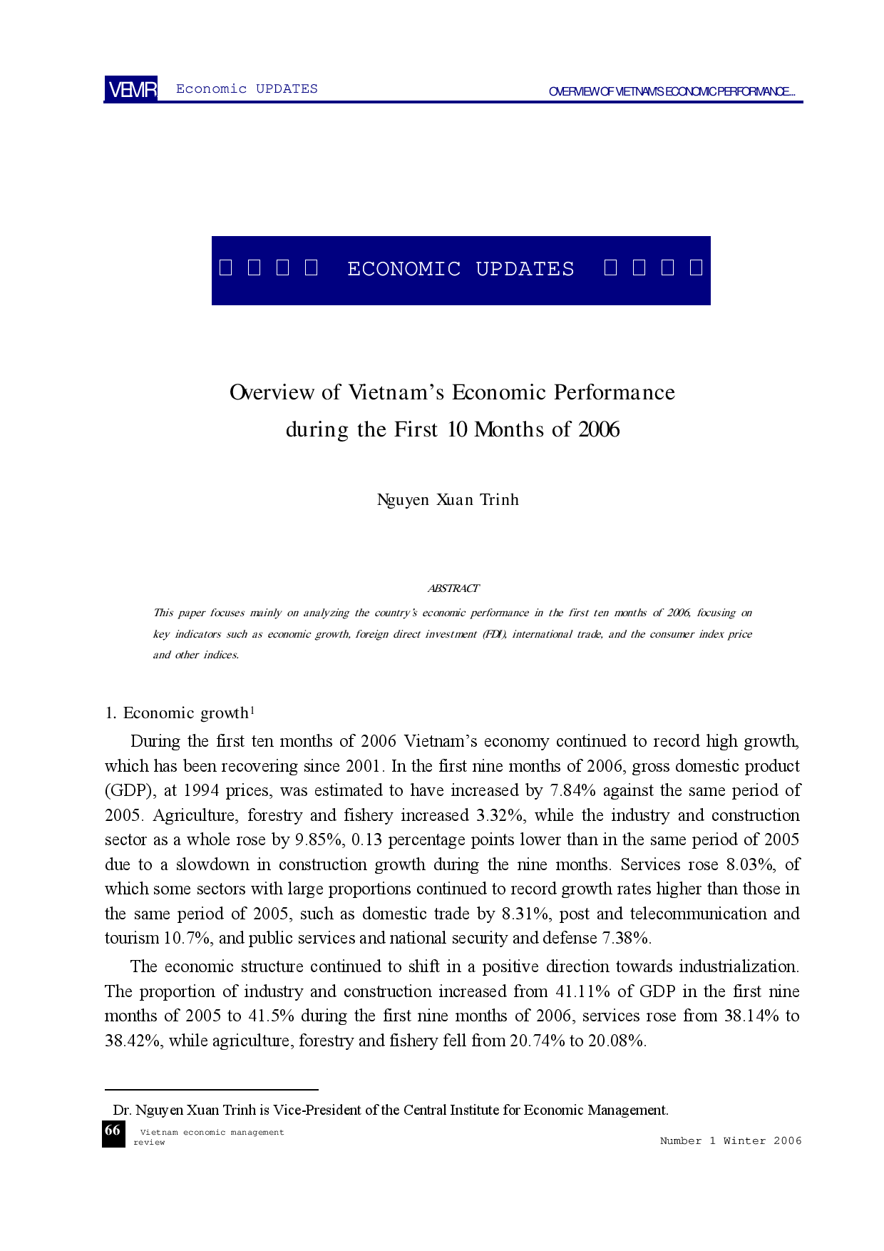 Overview of Vietnam’s Economic Performance during the First 10 Months of 2006