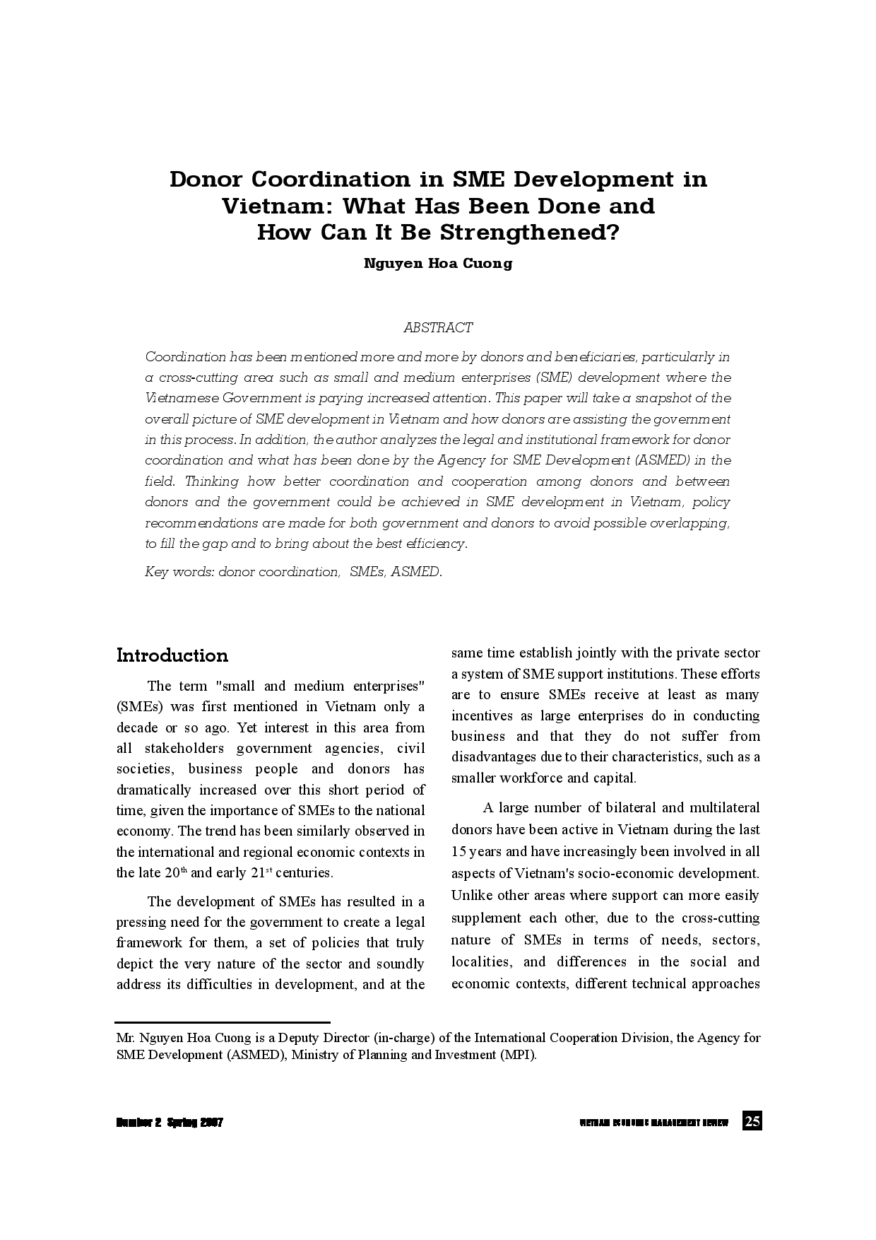 Donor Coordination in SME Development in Vietnam: What Has Been Done and How Can It Be Strengthened?