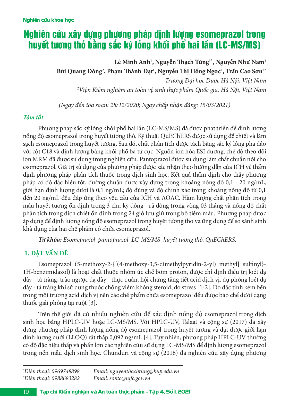 Nghiên cứu xây dựng phương pháp định lượng esomeprazol trong huyết tương thỏ bằng sắc ký lỏng khối phổ hai lần (LC-MS/MS)