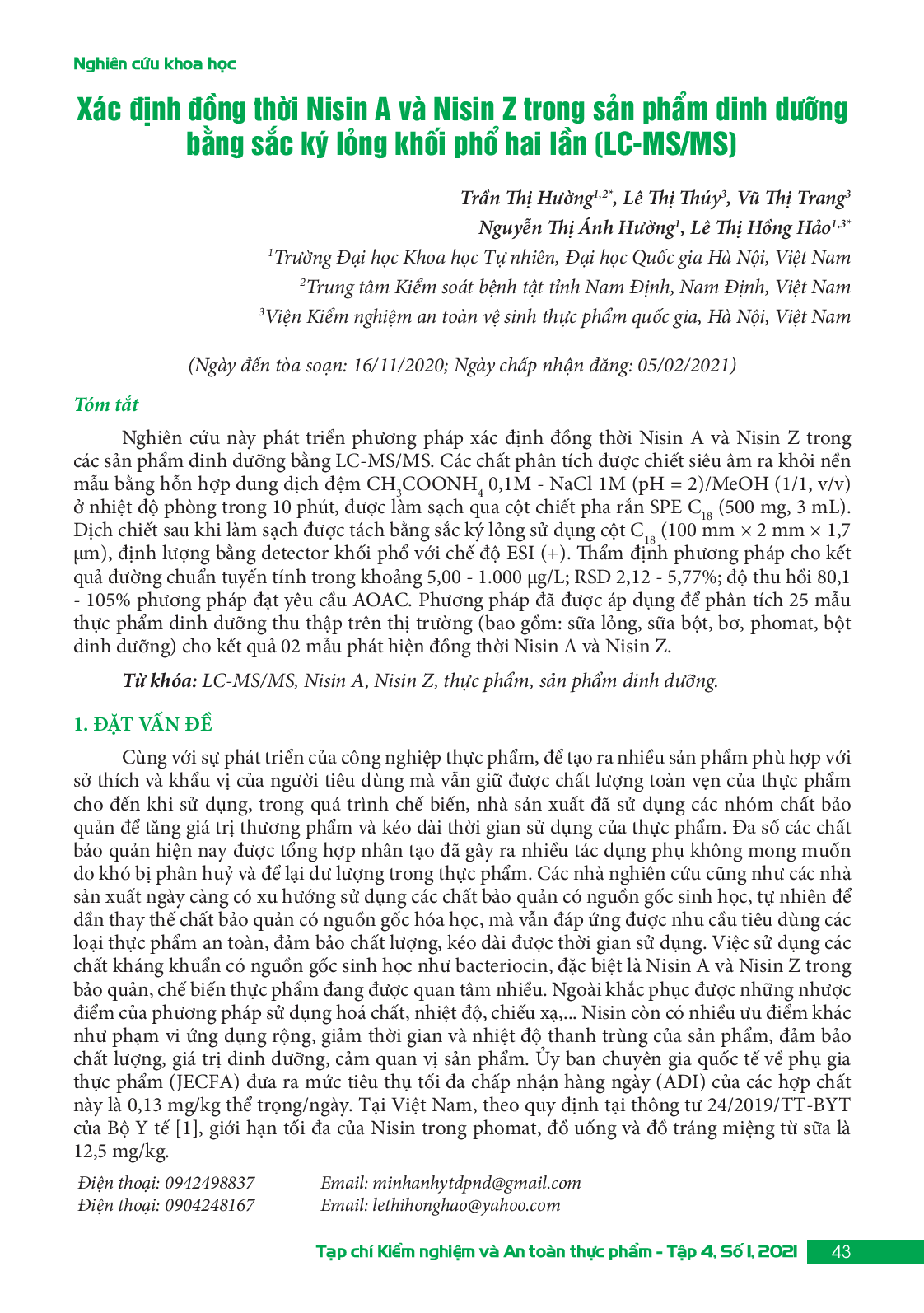 Xác định đồng thời Nisin A và Nisin Z trong sản phẩm dinh dưỡng bằng sắc ký lỏng khối phổ hai lần (LC-MS/MS)