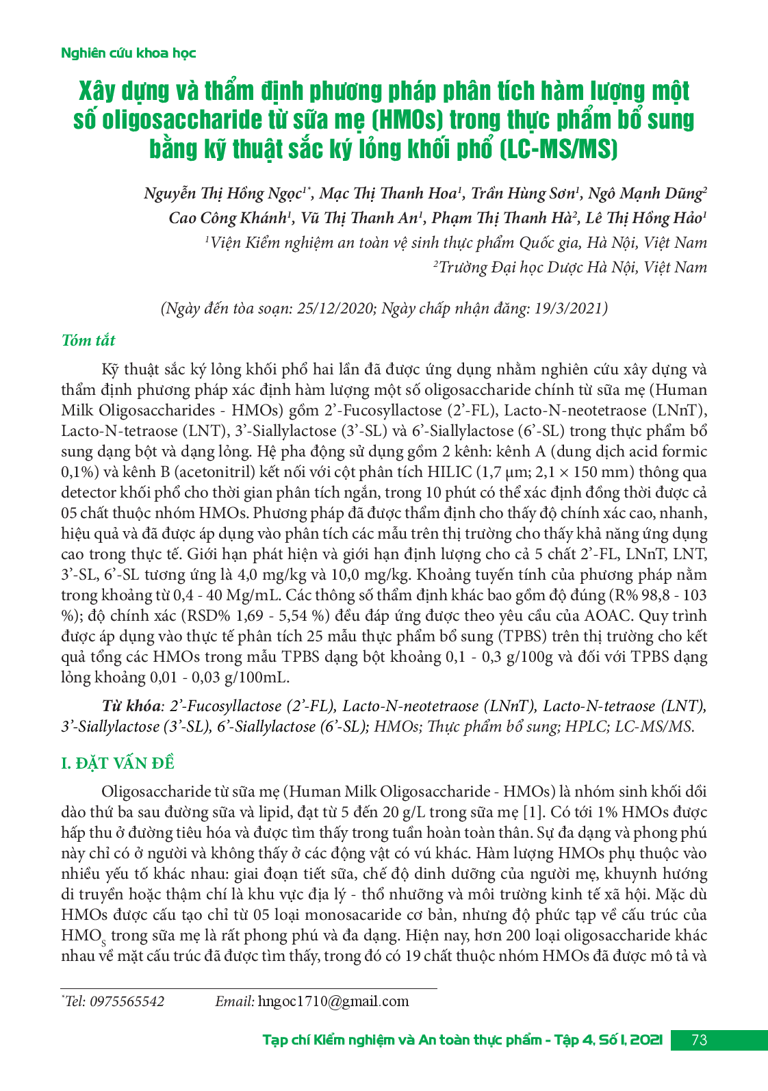 Xây dựng và thẩm định phương pháp phân tích hàm lượng một số oligosaccharide từ sữa mẹ (HMOs) trong thực phẩm bổ sung bằng kỹ thuật sắc ký lỏng khối phổ (LC-MS/MS)