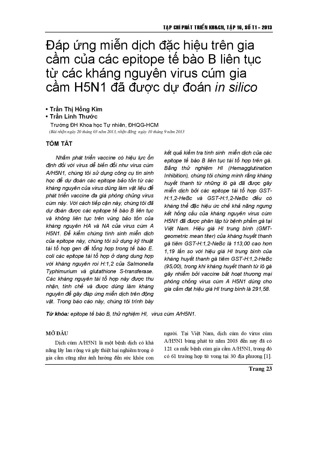 Khả năng sinh miễn dịch ở gia cầm sống bằng silico dự đoán - biểu mô tế bào B liên tục từ vi rút cúm A H5N1