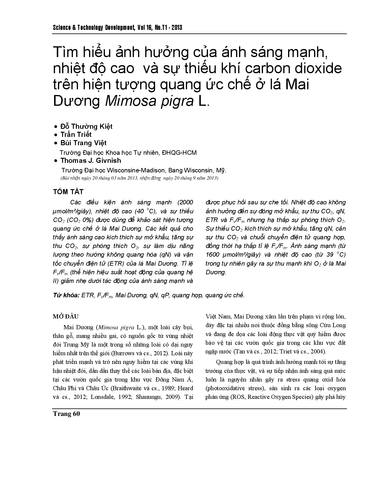 Ảnh hưởng của ánh sáng cao, nhiệt độ cao và thiếu carbon dioxide đến sự ức chế quang của lá Mimosa pigra L.